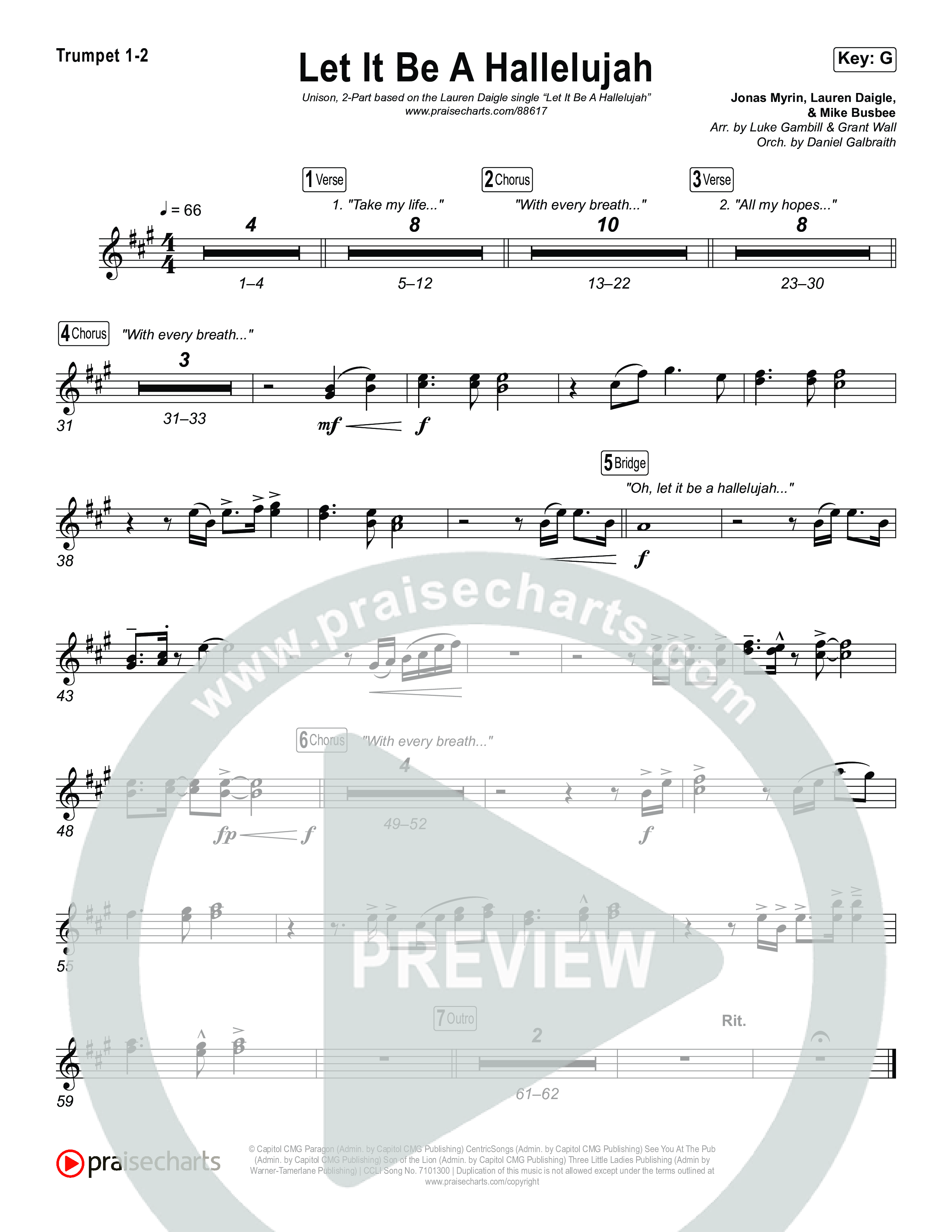 Let It Be A Hallelujah (Unison/2-Part) Trumpet 1,2 (Lauren Daigle / Arr. Luke Gambill)