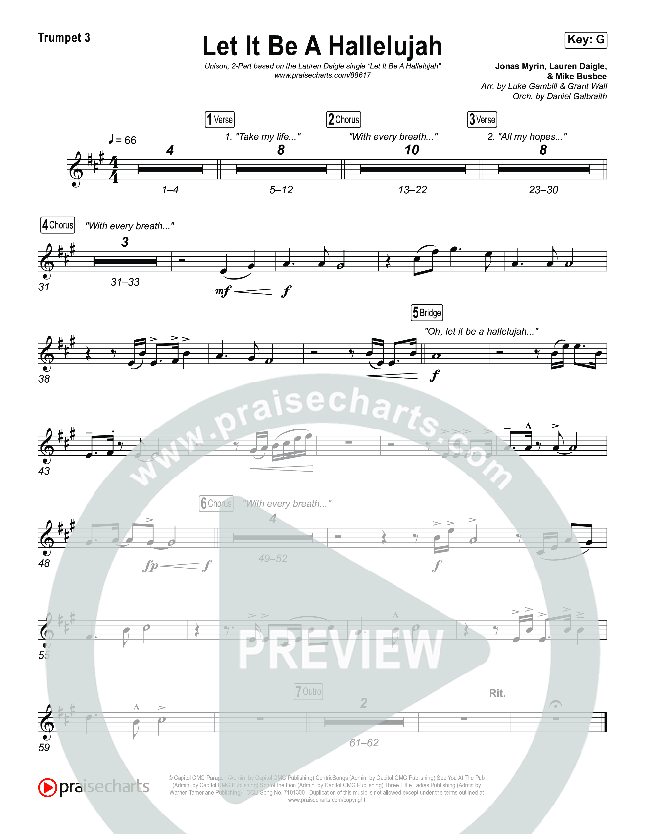Let It Be A Hallelujah (Unison/2-Part) Trumpet 3 (Lauren Daigle / Arr. Luke Gambill)