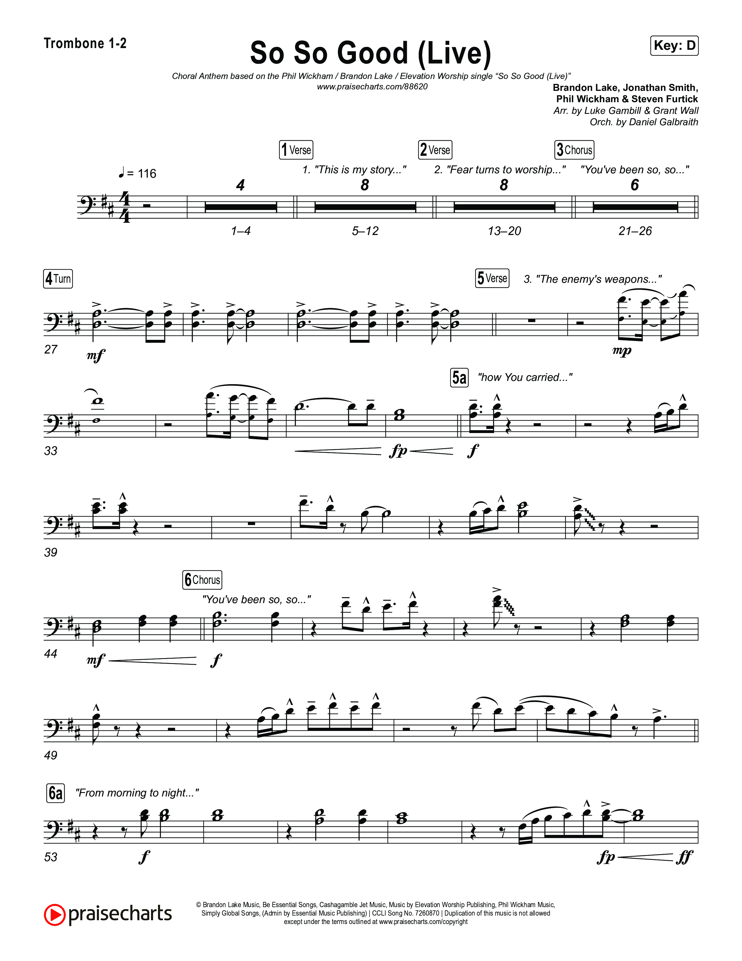 So So Good (Choral Anthem SATB) Trombone 1/2 (Phil Wickham / Brandon Lake / Elevation Worship)