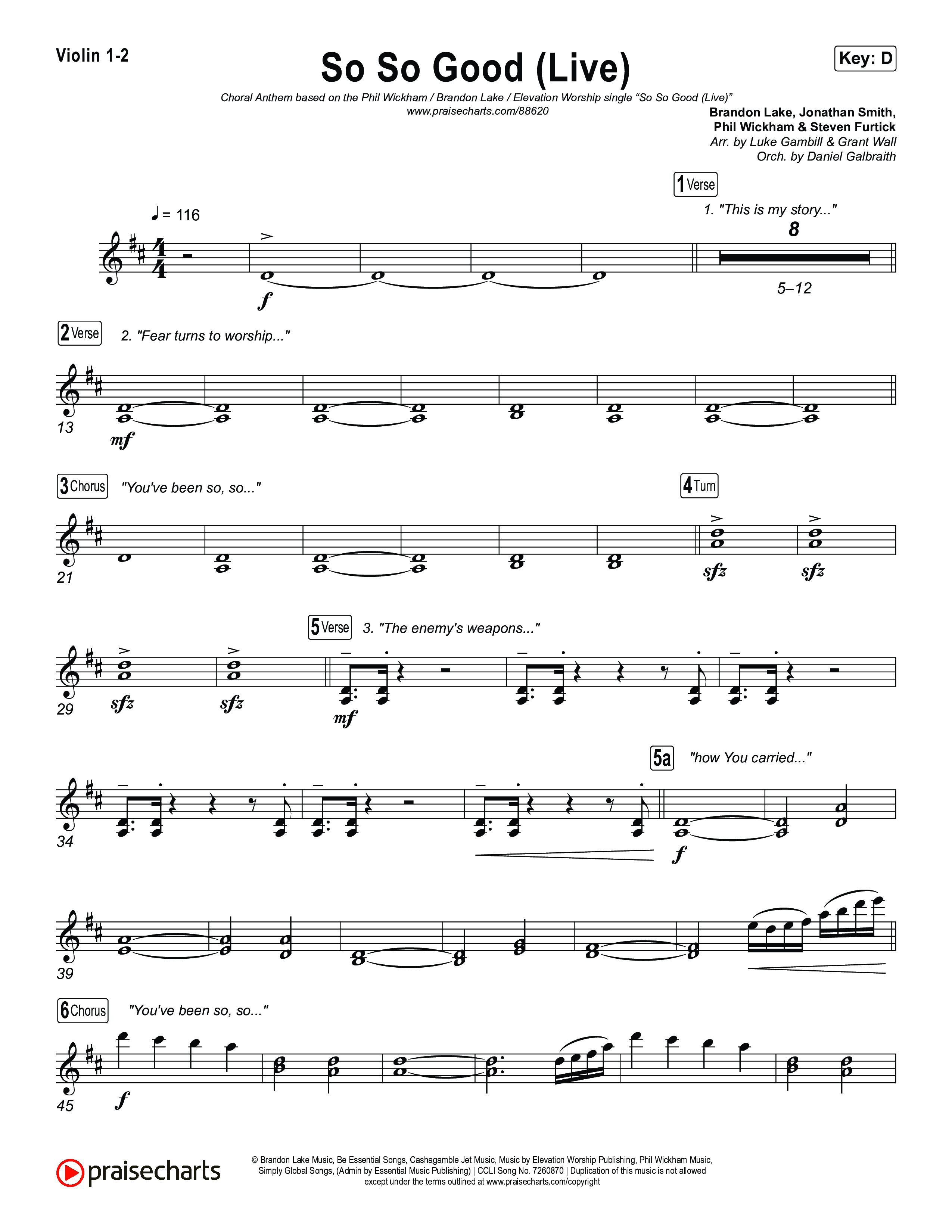 So So Good (Choral Anthem SATB) Violin 1,2 (Phil Wickham / Brandon Lake / Elevation Worship)