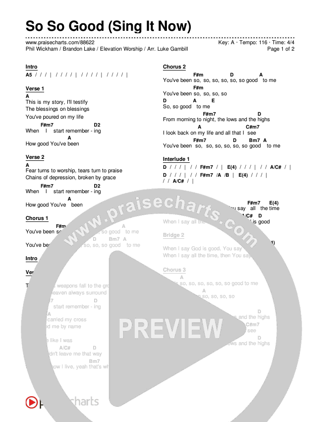 So So Good (Sing It Now) Chords & Lyrics (Phil Wickham / Brandon Lake / Elevation Worship / Arr. Luke Gambill)