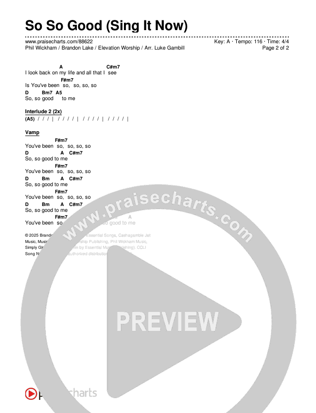 So So Good (Sing It Now) Chords & Lyrics (Phil Wickham / Brandon Lake / Elevation Worship / Arr. Luke Gambill)