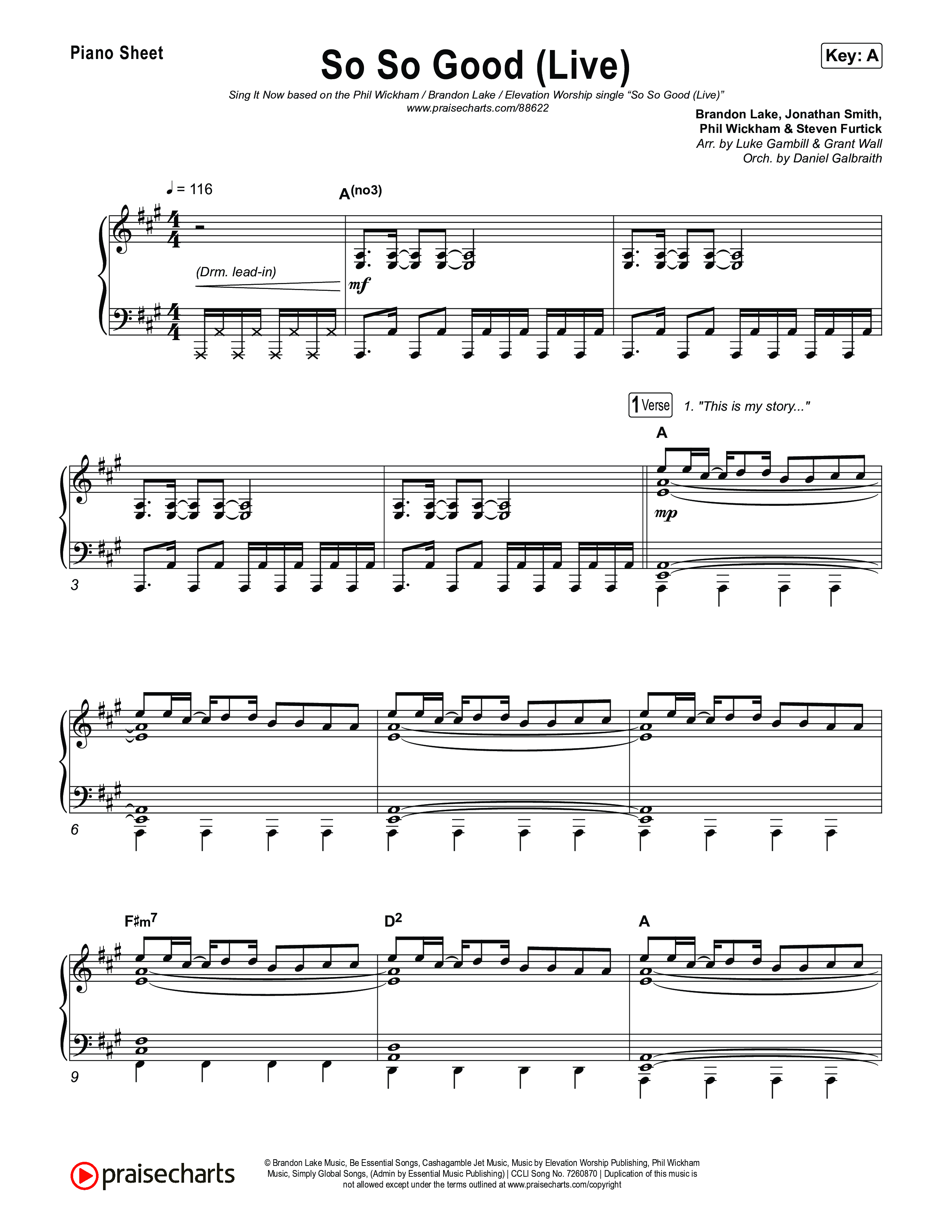 So So Good (Sing It Now) Piano Sheet (Phil Wickham / Brandon Lake / Elevation Worship / Arr. Luke Gambill)