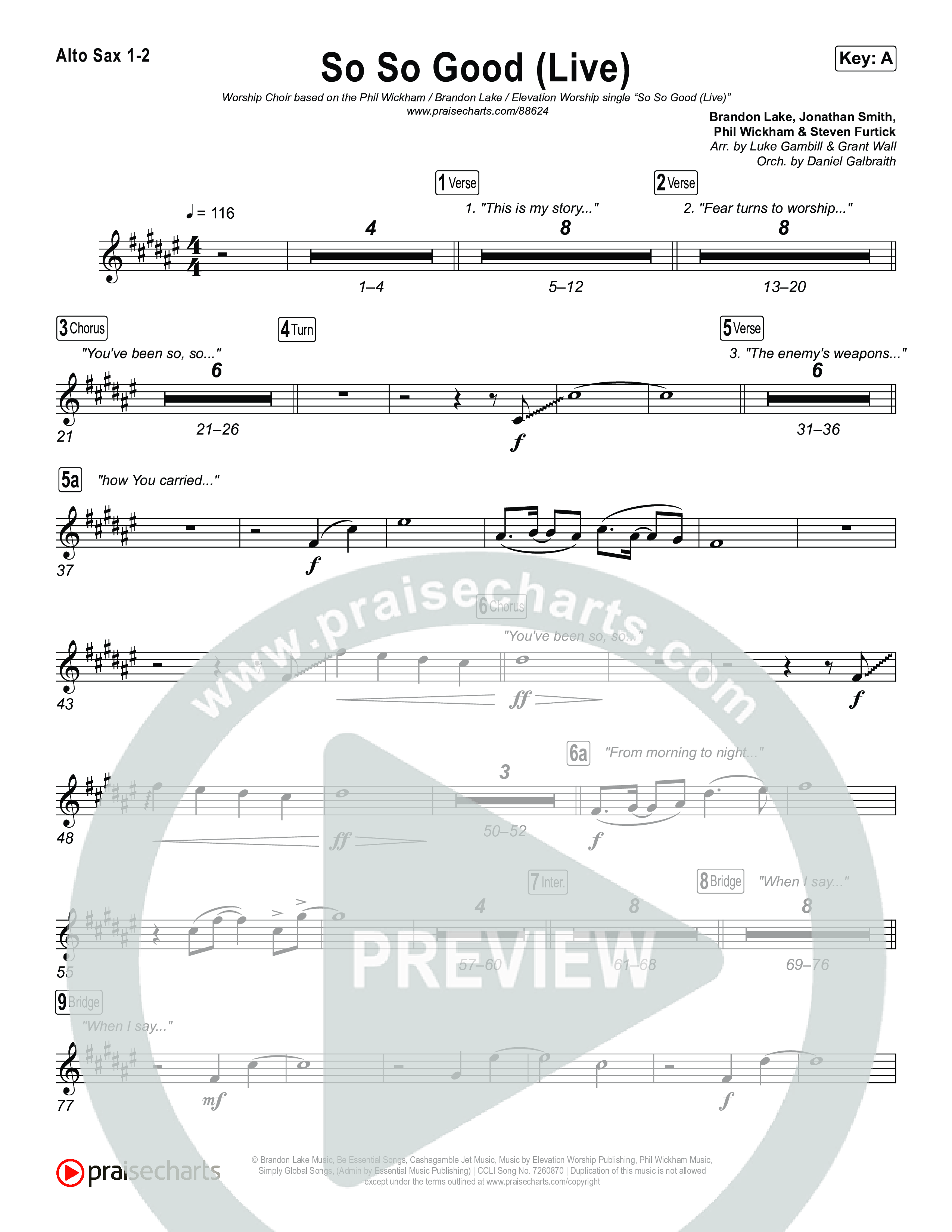 So So Good (Worship Choir/SAB) Alto Sax 1/2 (Phil Wickham / Brandon Lake / Elevation Worship / Arr. Luke Gambill)