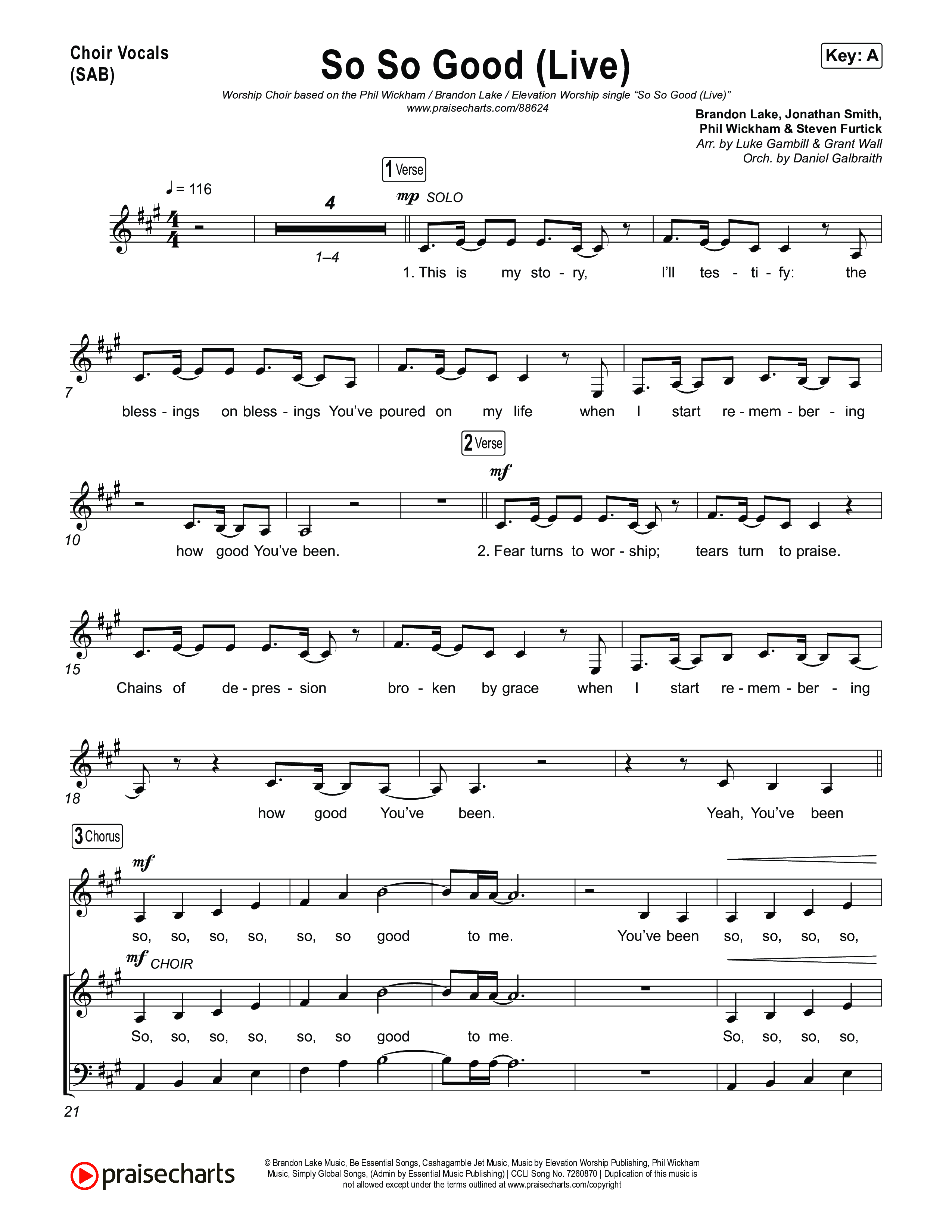 So So Good (Worship Choir/SAB) Choir Sheet (SAB) (Phil Wickham / Brandon Lake / Elevation Worship / Arr. Luke Gambill)