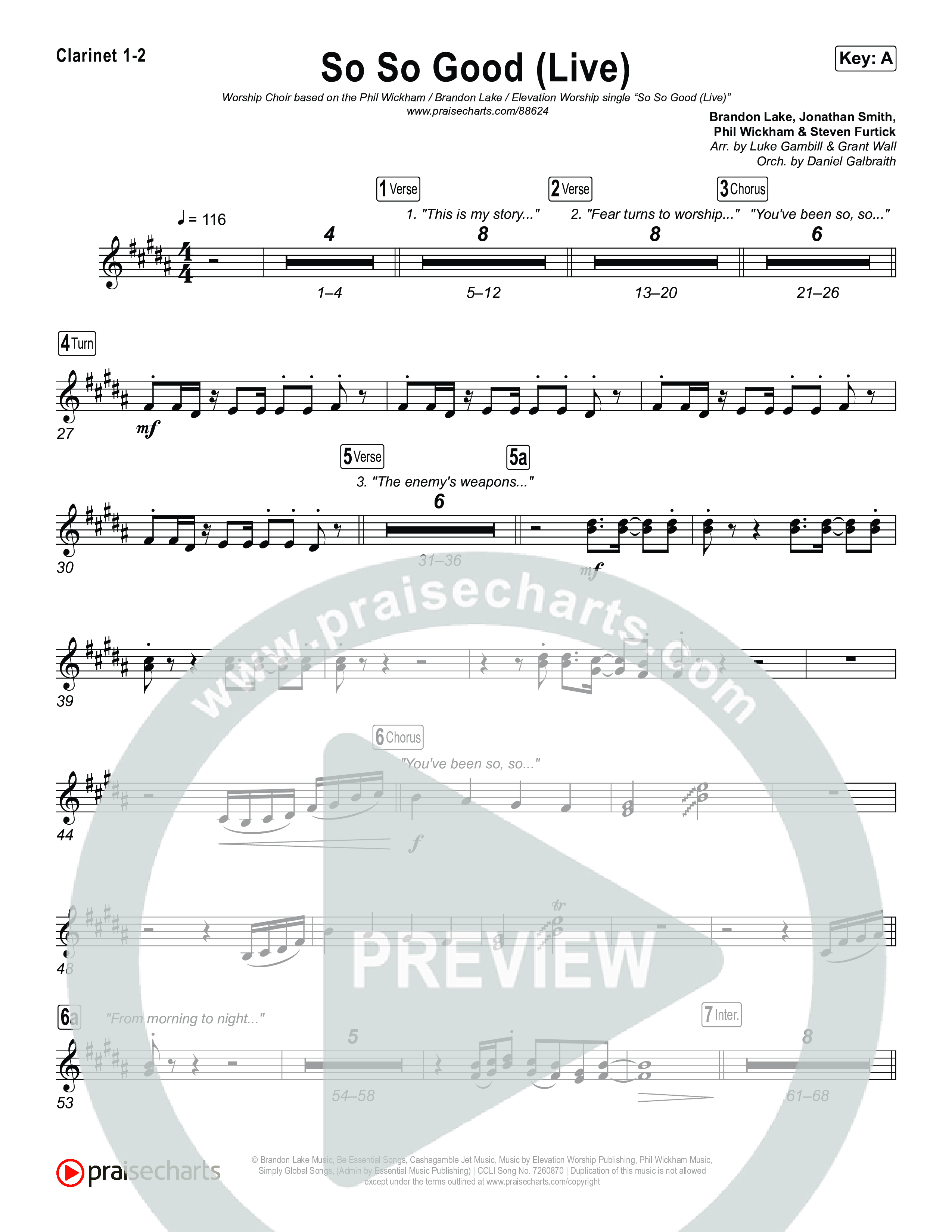 So So Good (Worship Choir/SAB) Clarinet 1/2 (Phil Wickham / Brandon Lake / Elevation Worship / Arr. Luke Gambill)