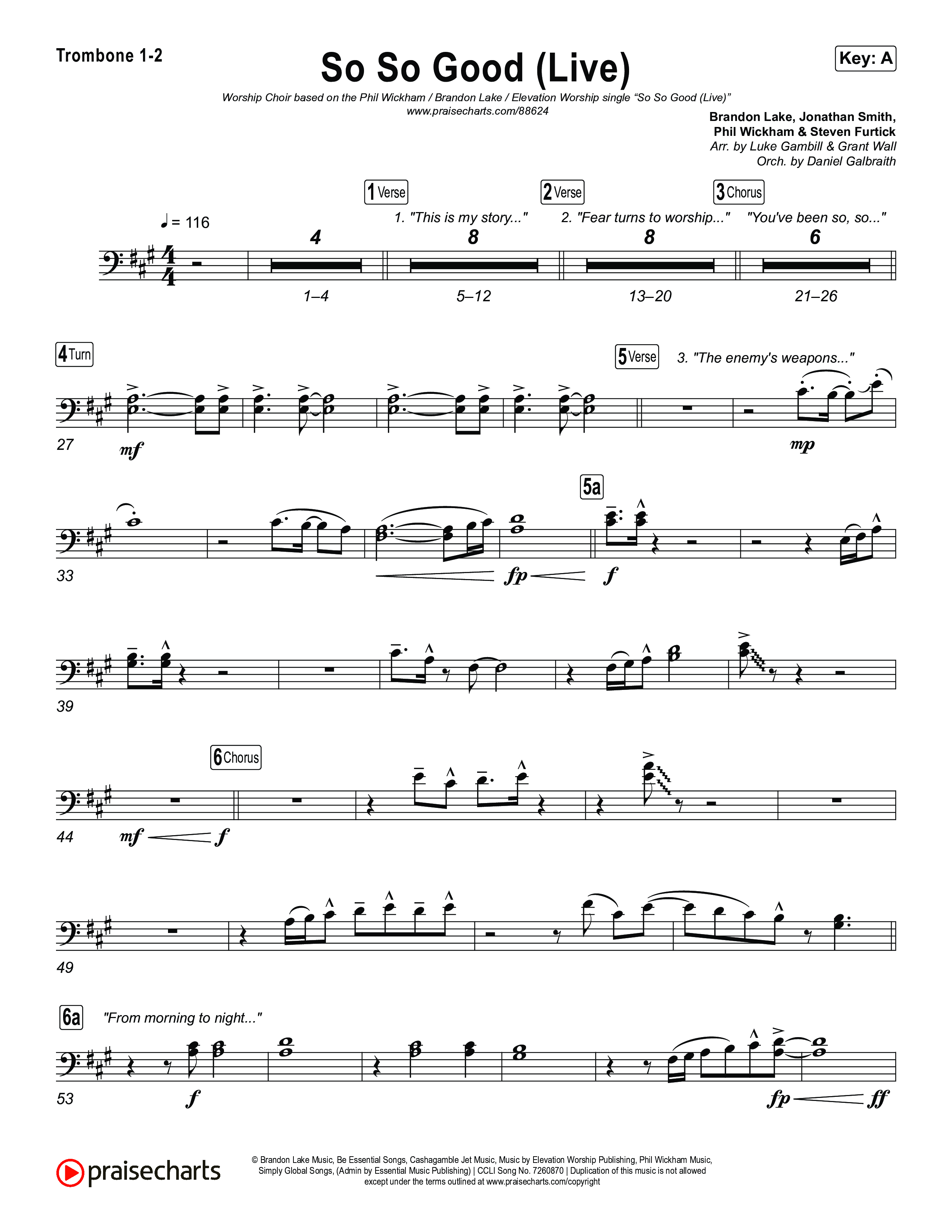 So So Good (Worship Choir/SAB) Trombone 1/2 (Phil Wickham / Brandon Lake / Elevation Worship / Arr. Luke Gambill)