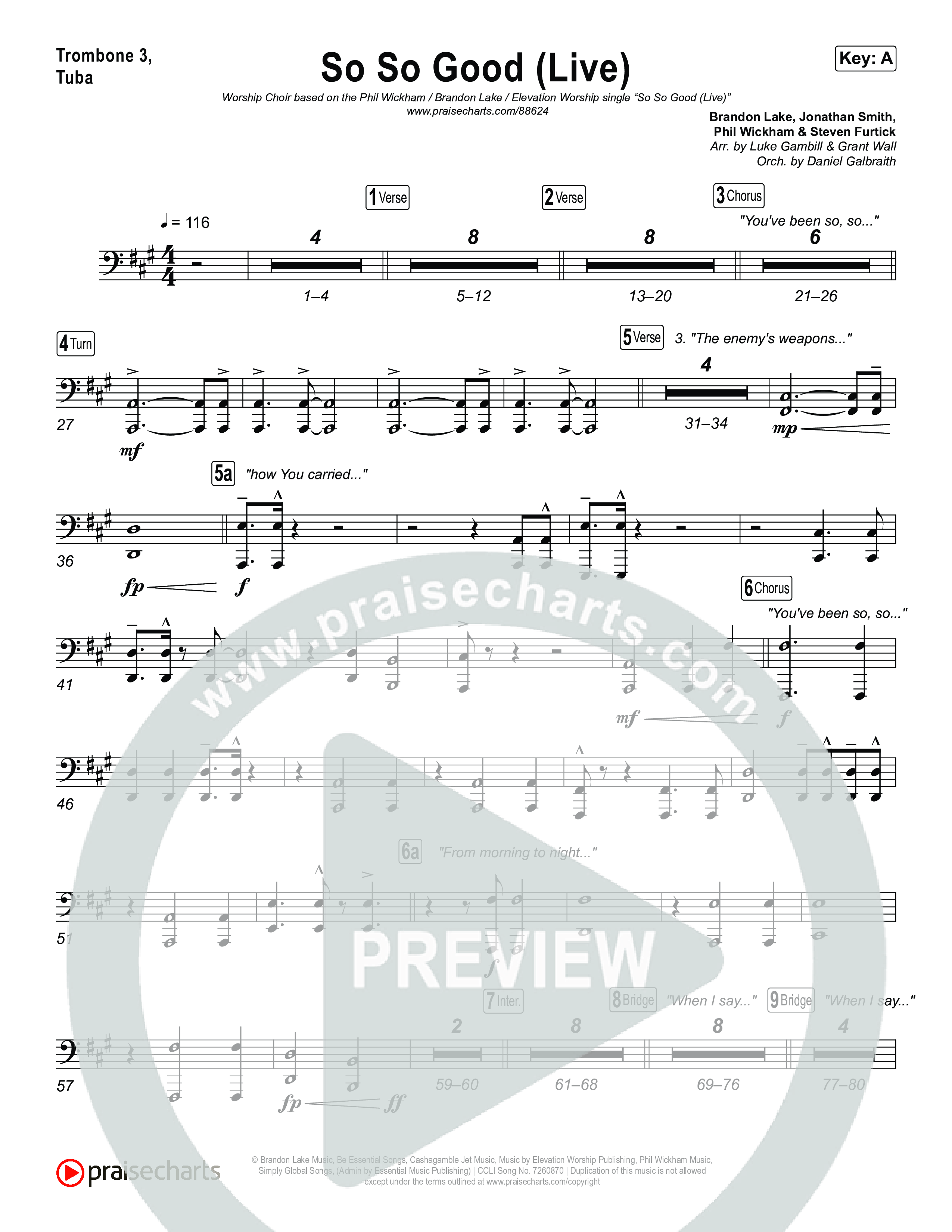 So So Good (Worship Choir/SAB) Trombone 3/Tuba (Phil Wickham / Brandon Lake / Elevation Worship / Arr. Luke Gambill)