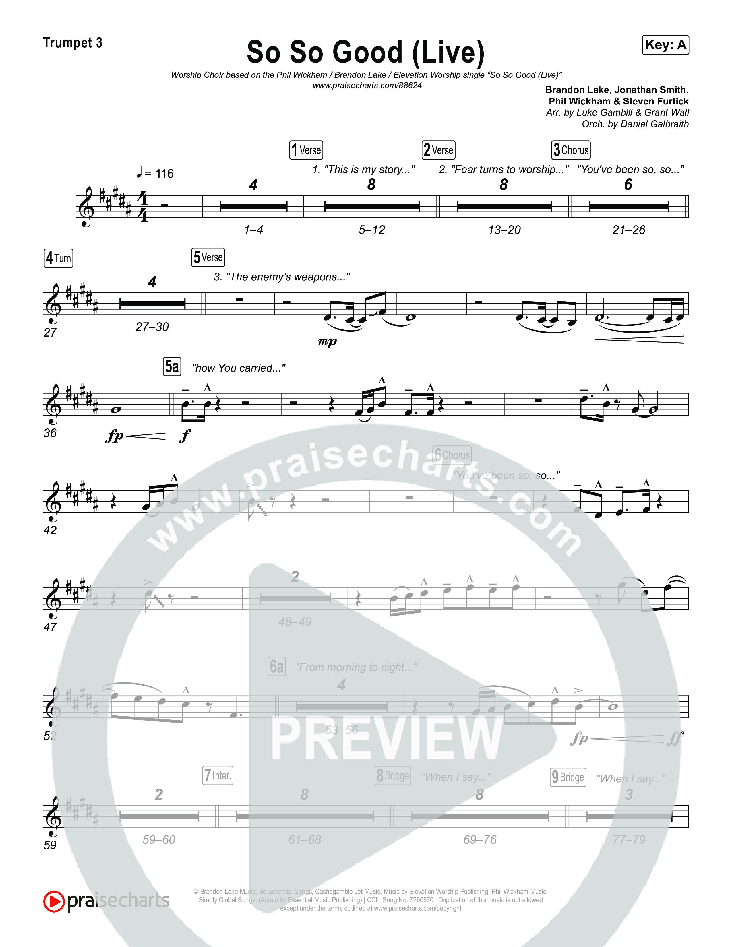 So So Good (Worship Choir/SAB) Trumpet 3 (Phil Wickham / Brandon Lake / Elevation Worship / Arr. Luke Gambill)