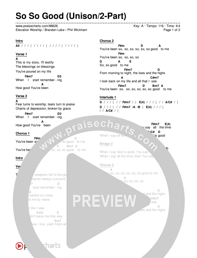 So So Good (Unison/2-Part) Chords & Lyrics (Phil Wickham / Brandon Lake / Elevation Worship / Arr. Luke Gambill)