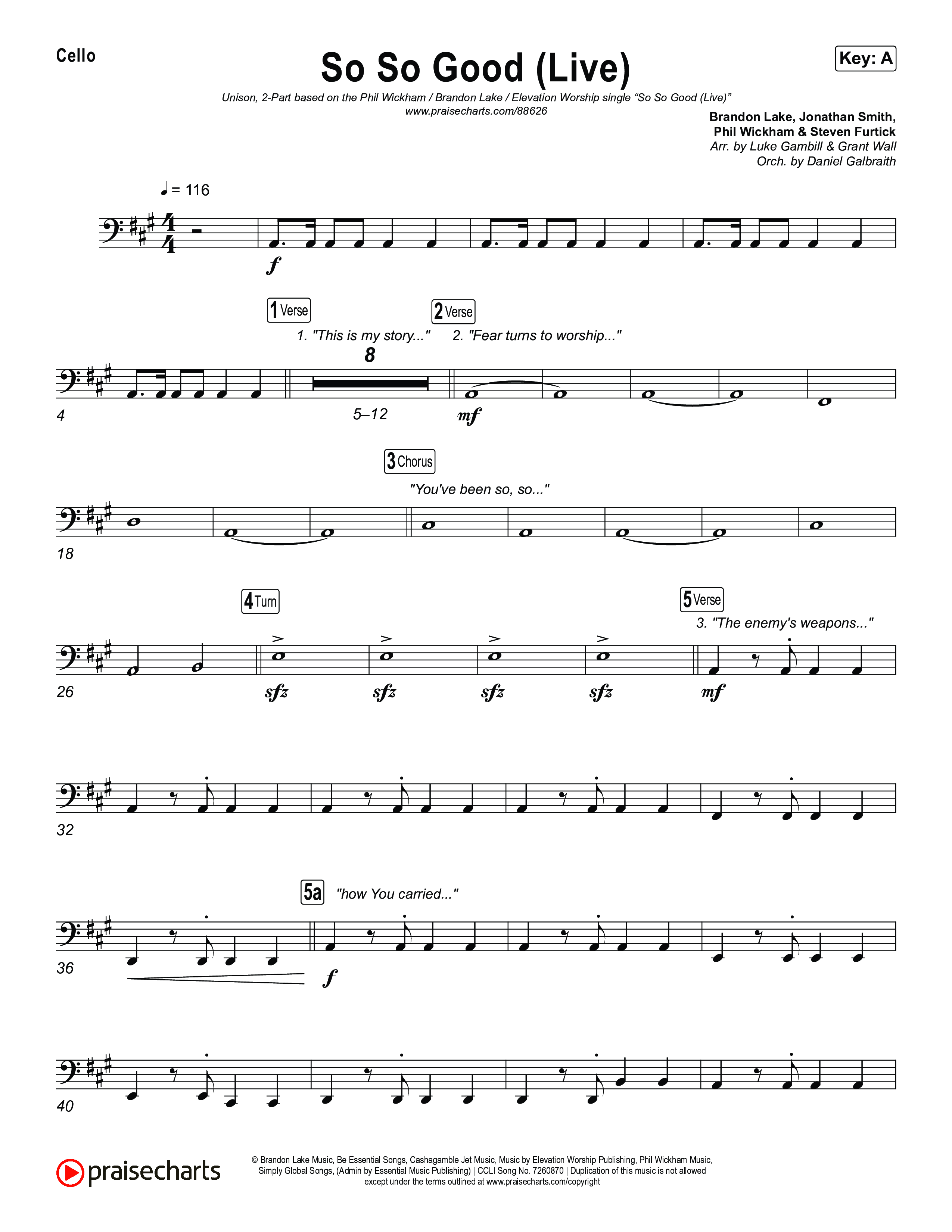 So So Good (Unison/2-Part) Cello (Phil Wickham / Brandon Lake / Elevation Worship / Arr. Luke Gambill)