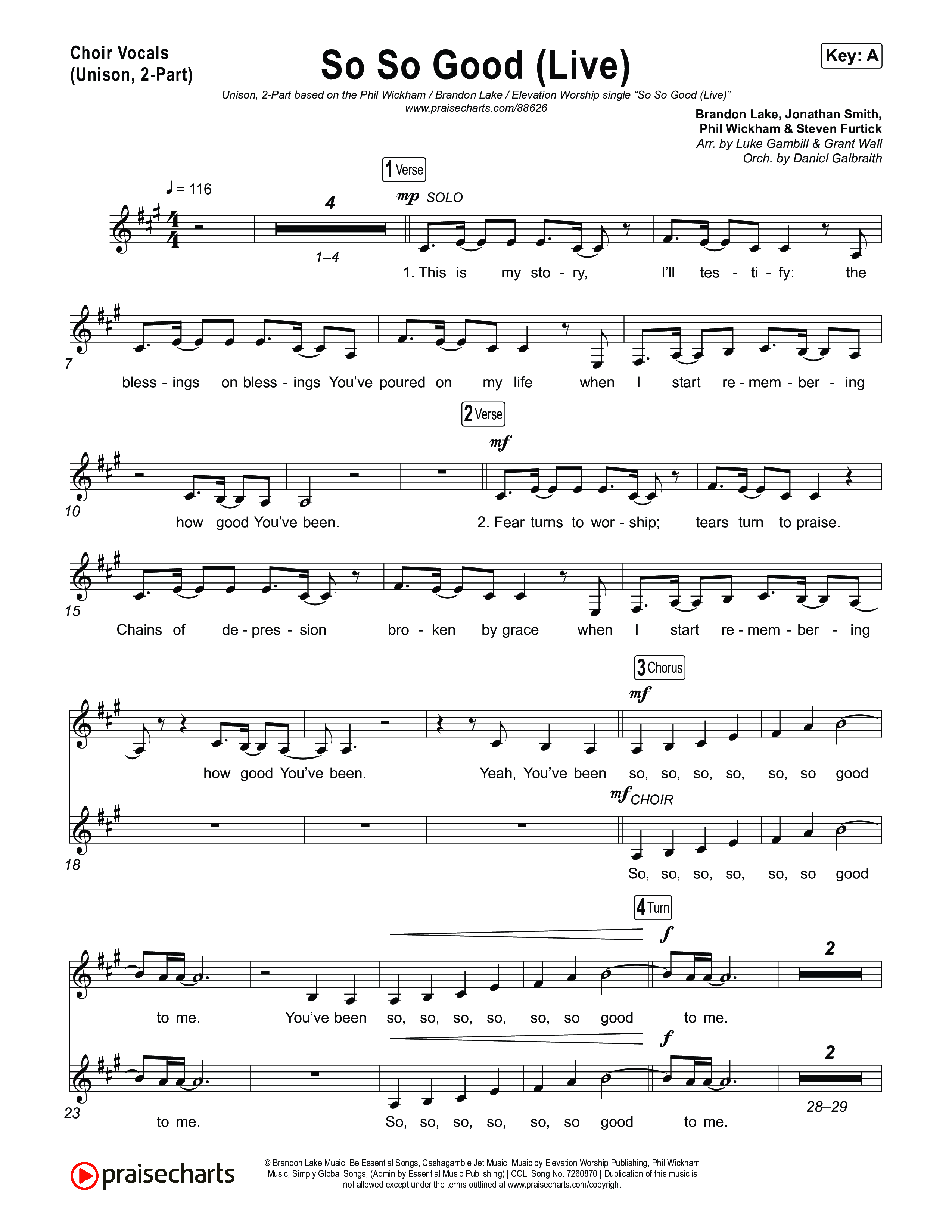 So So Good (Unison/2-Part) Choir Vocals (Uni/2-Part) (Phil Wickham / Brandon Lake / Elevation Worship / Arr. Luke Gambill)