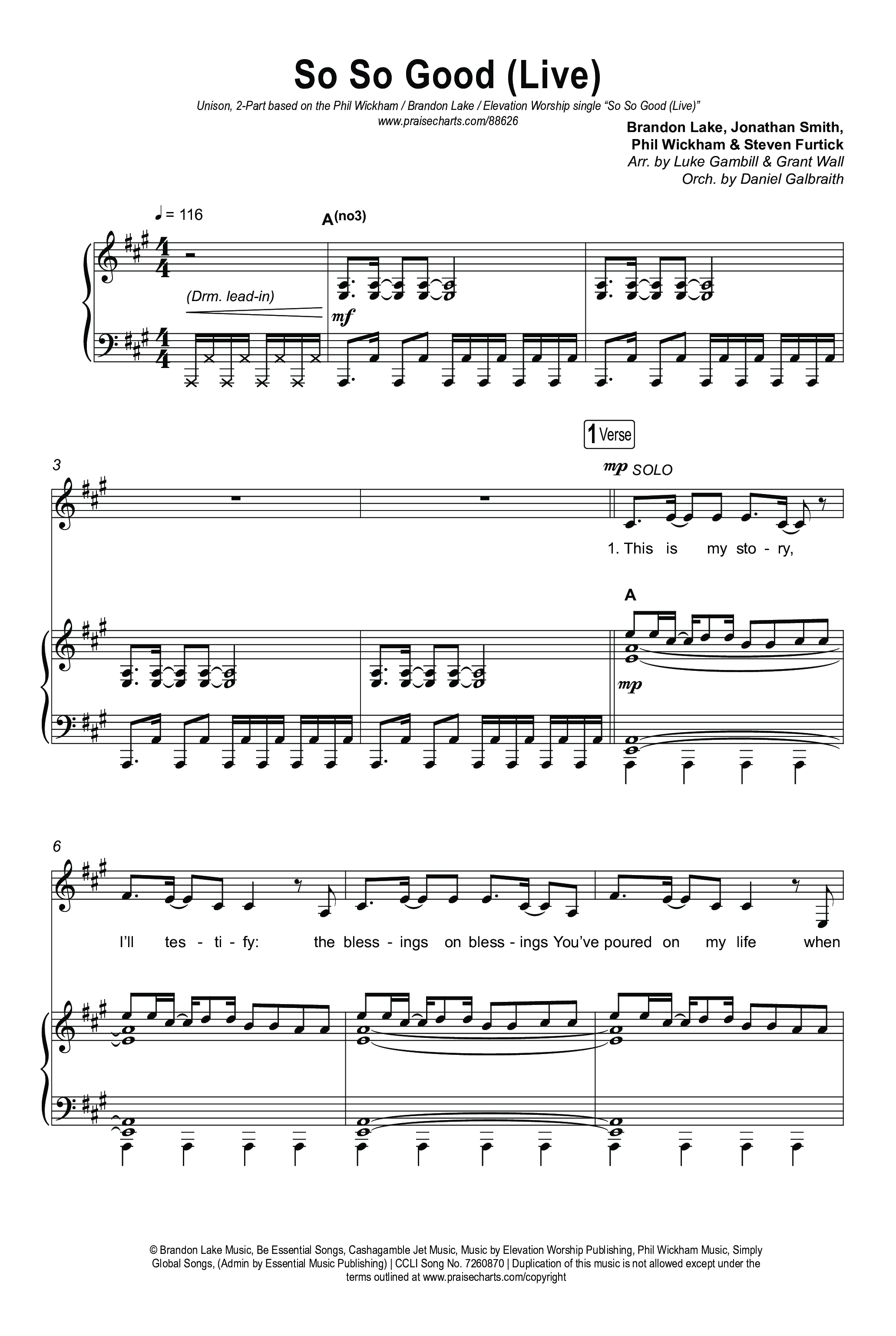 So So Good (Unison/2-Part) Octavo (Uni/2-Part & Pno) (Phil Wickham / Brandon Lake / Elevation Worship / Arr. Luke Gambill)