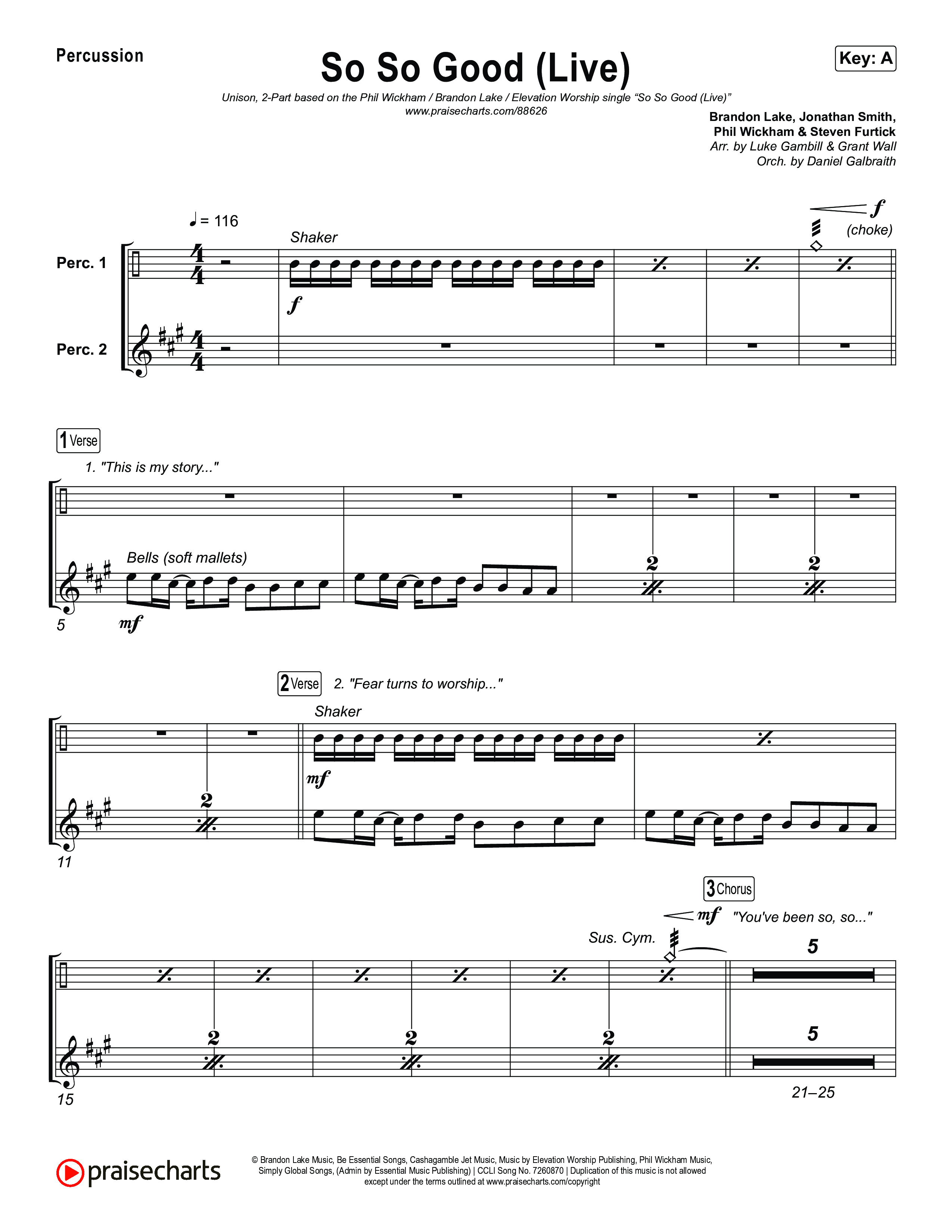 So So Good (Unison/2-Part) Percussion (Phil Wickham / Brandon Lake / Elevation Worship / Arr. Luke Gambill)