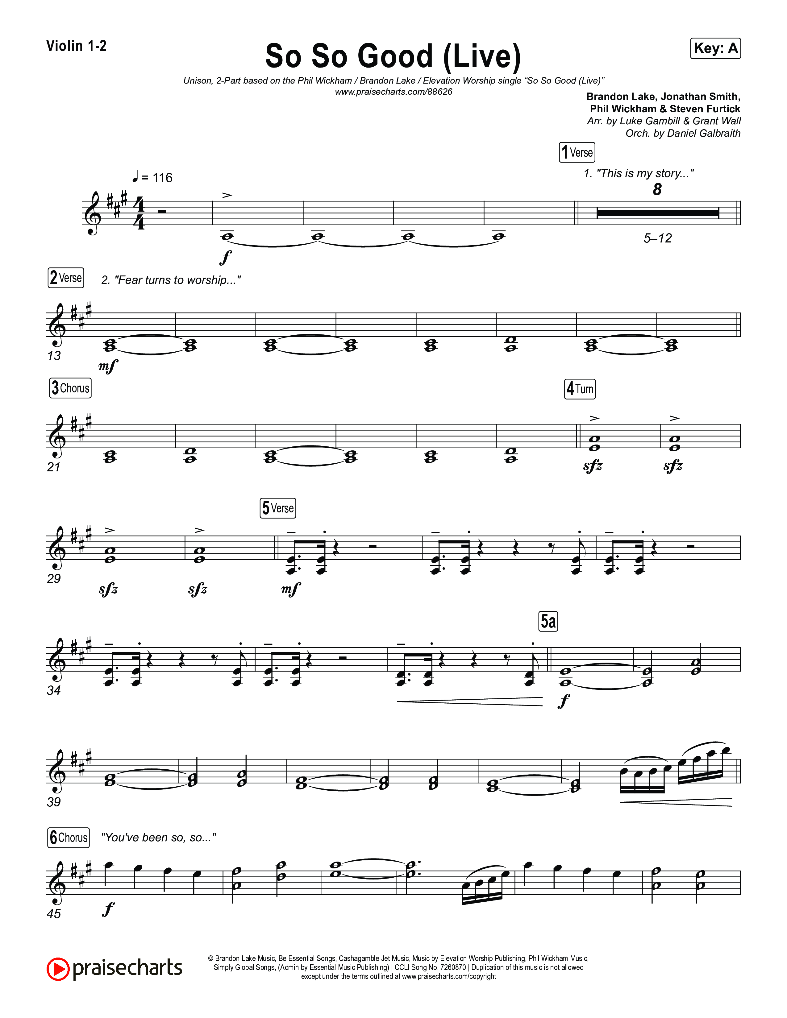 So So Good (Unison/2-Part) Violin 1/2 (Phil Wickham / Brandon Lake / Elevation Worship / Arr. Luke Gambill)