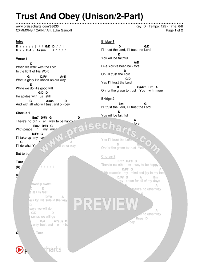 Trust And Obey (Unison/2-Part) Chords & Lyrics (CXMMXNS / CAIN / Arr. Luke Gambill)