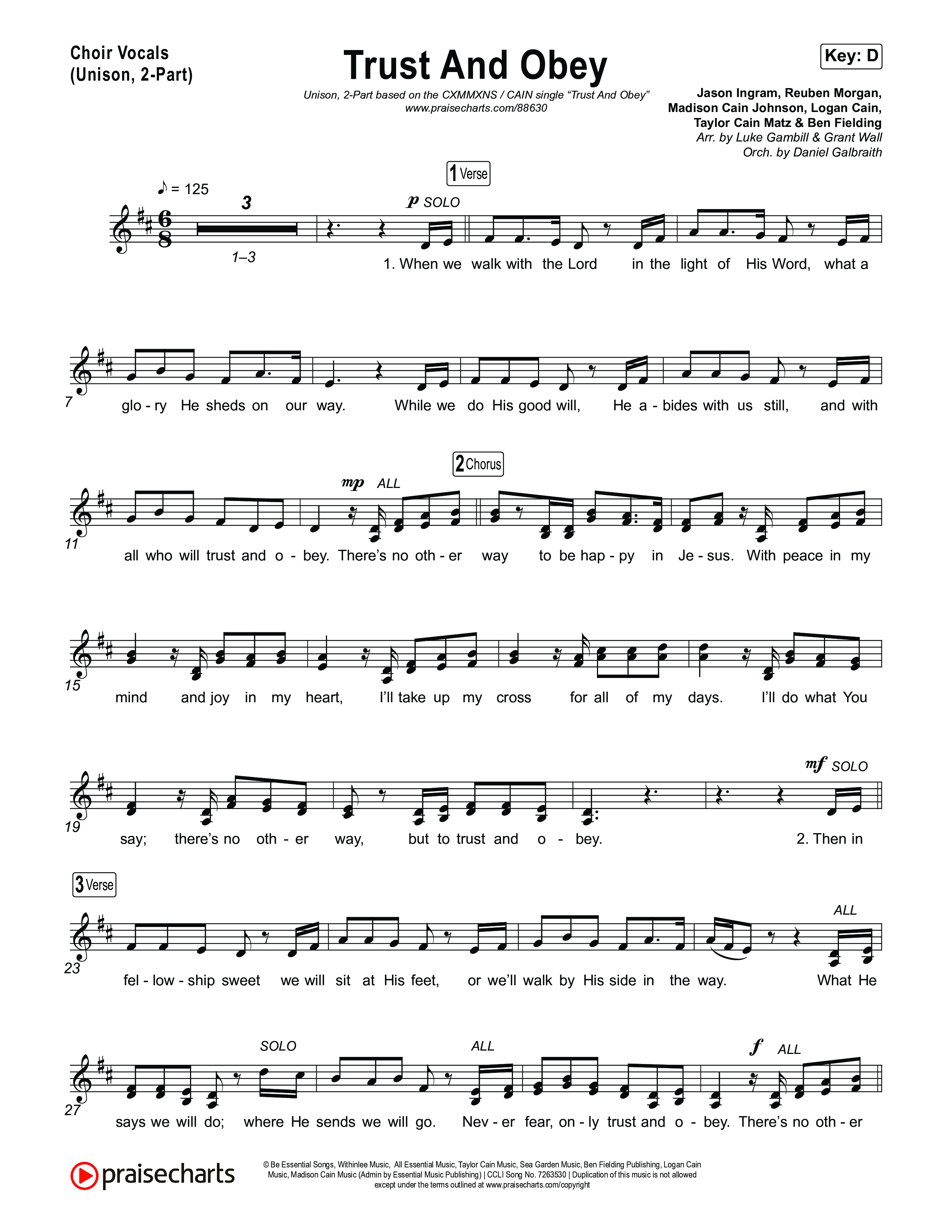 Trust And Obey (Unison/2-Part) Choir Vocals (Uni/2-Part) (CXMMXNS / CAIN / Arr. Luke Gambill)