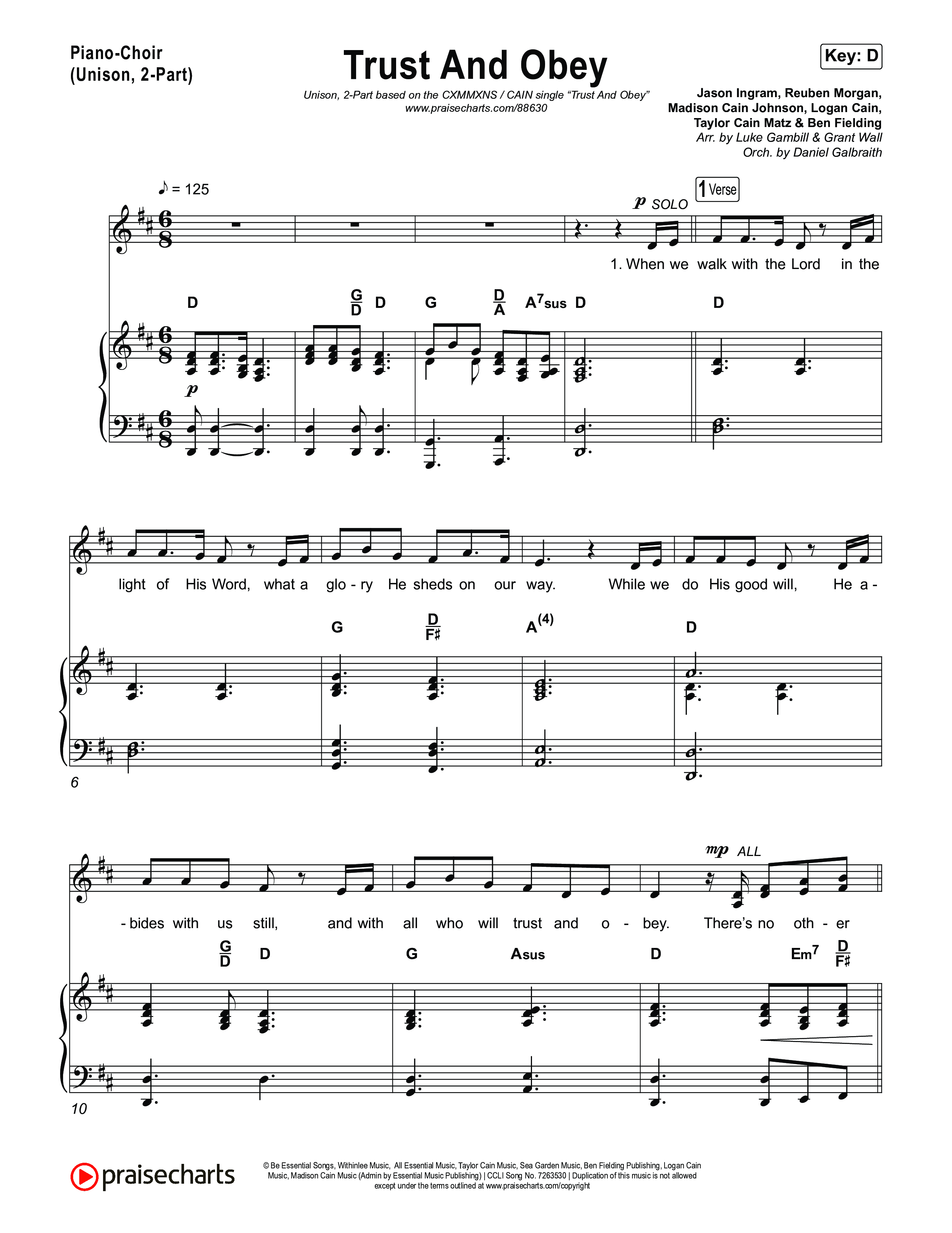 Trust And Obey (Unison/2-Part) Piano/Choir  (Uni/2-Part) (CXMMXNS / CAIN / Arr. Luke Gambill)