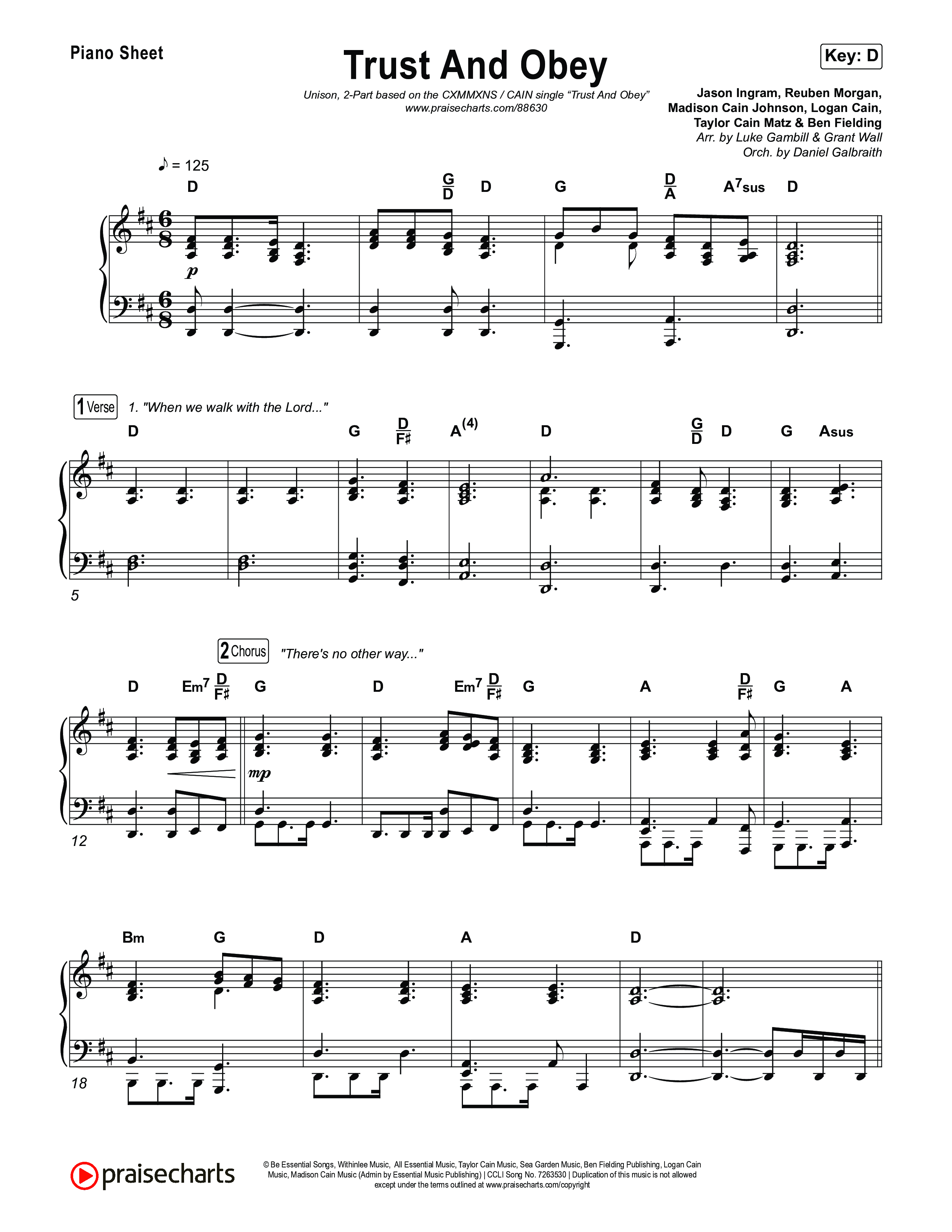 Trust And Obey (Unison/2-Part) Piano Sheet (CXMMXNS / CAIN / Arr. Luke Gambill)
