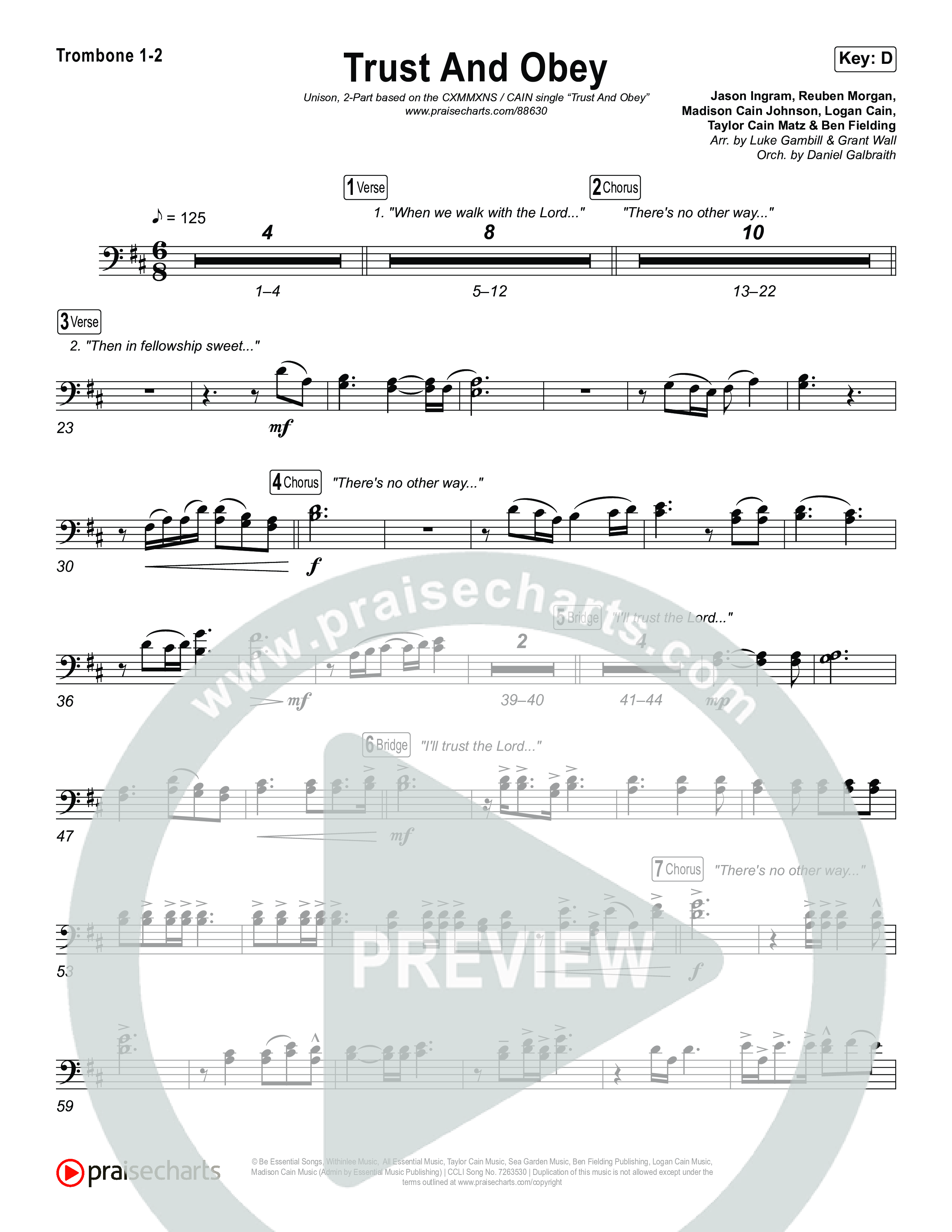 Trust And Obey (Unison/2-Part) Trombone 1/2 (CXMMXNS / CAIN / Arr. Luke Gambill)