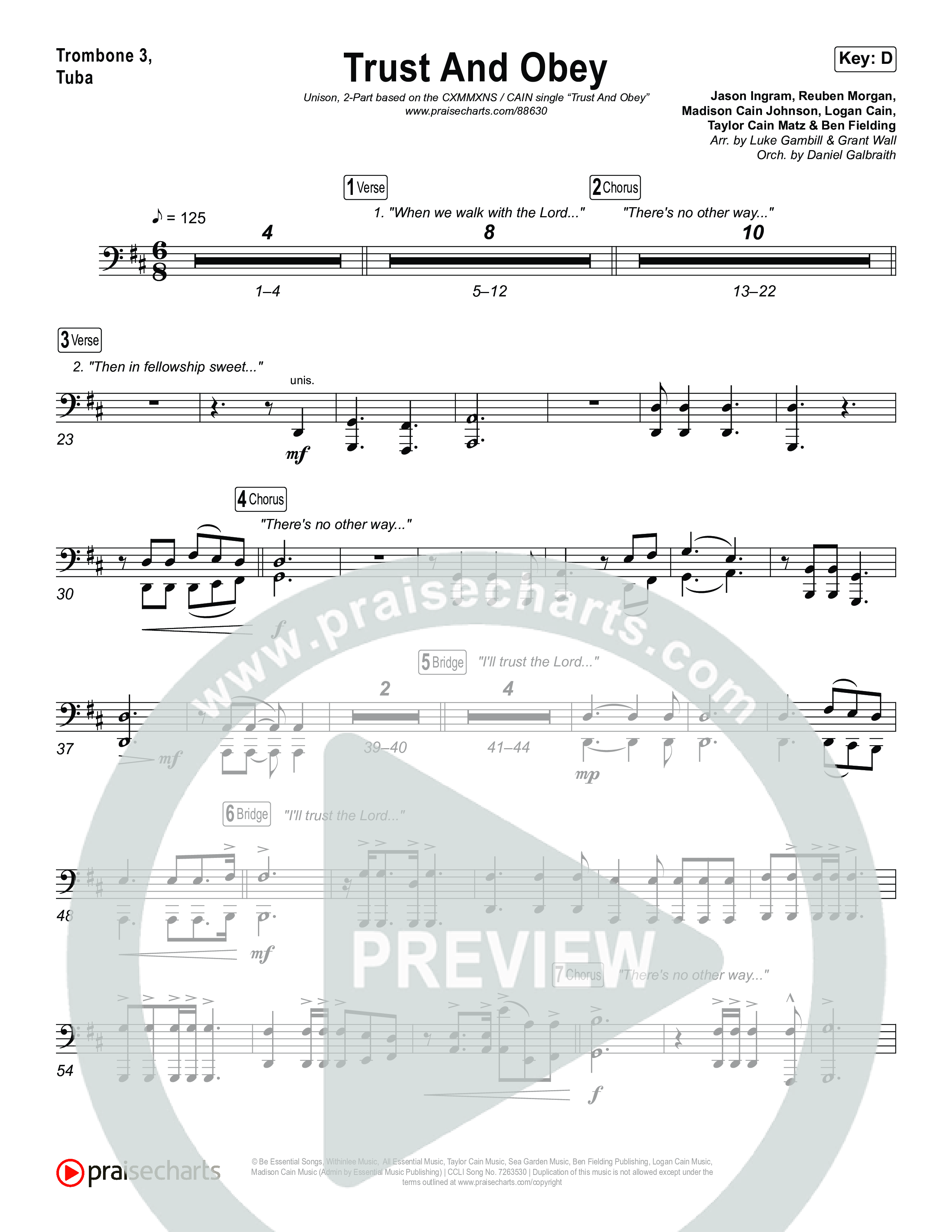 Trust And Obey (Unison/2-Part) Trombone 3/Tuba (CXMMXNS / CAIN / Arr. Luke Gambill)