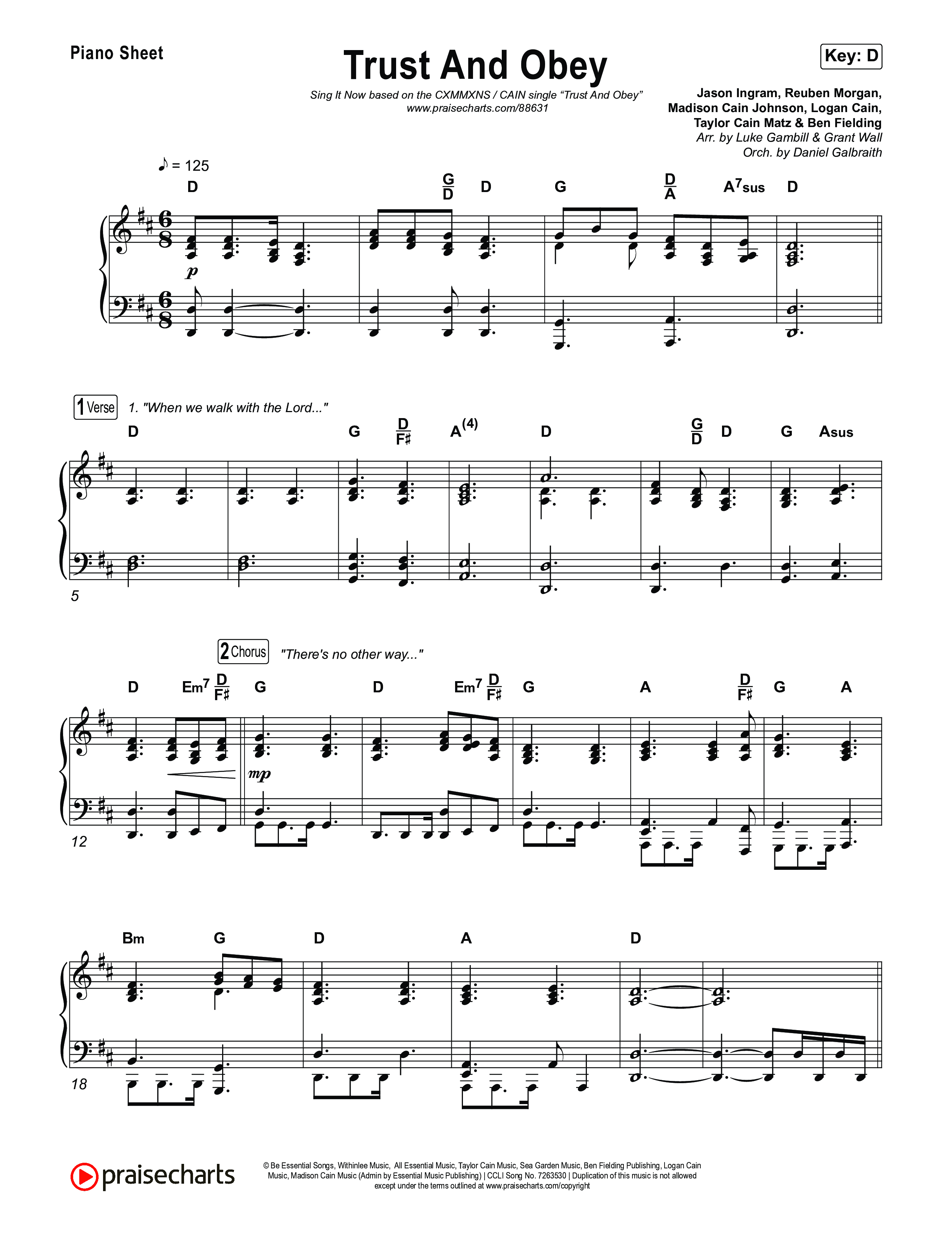 Trust And Obey (Sing It Now) Piano Sheet (CXMMXNS / CAIN / Arr. Luke Gambill)