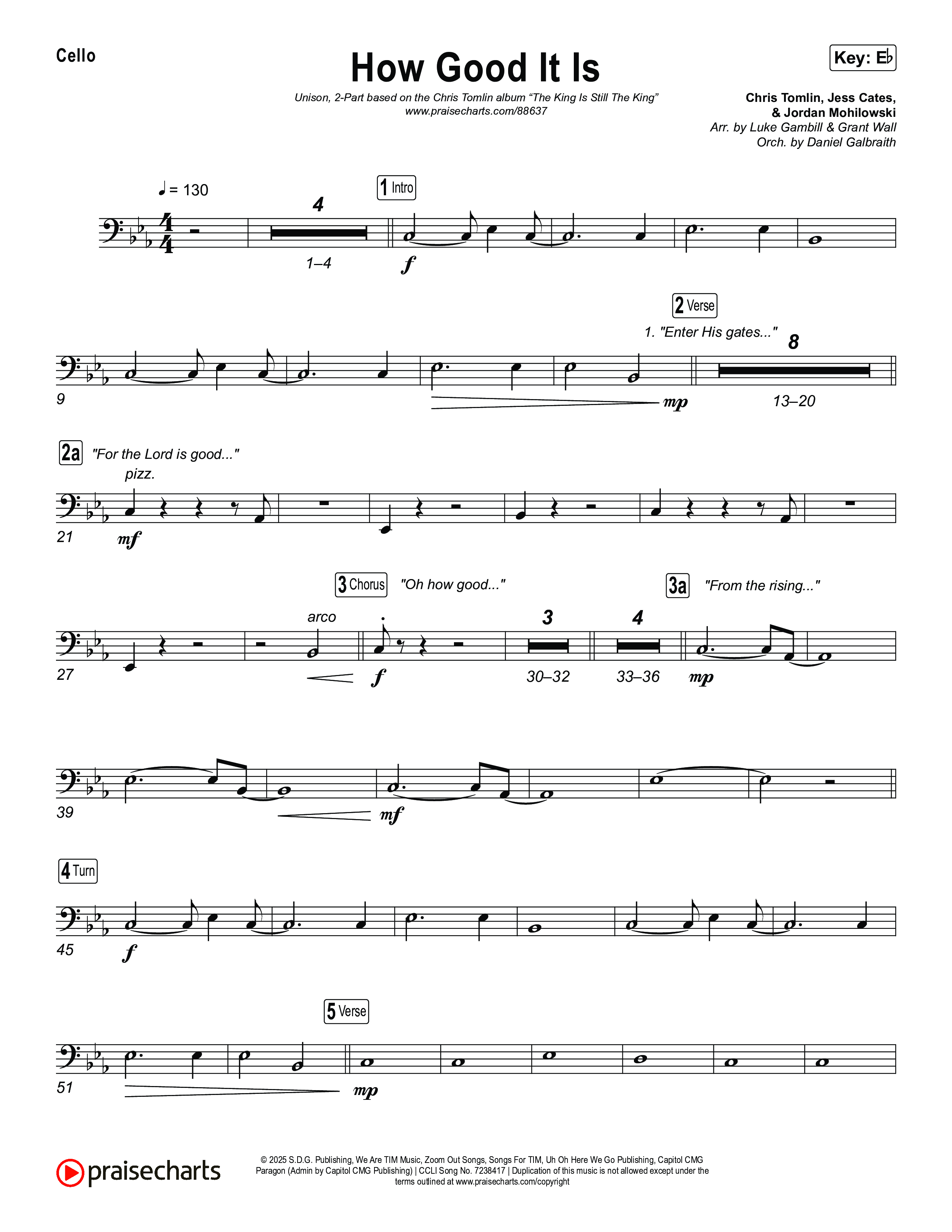 How Good It Is (Unison/2-Part) Cello (Chris Tomlin / Arr. Luke Gambill)