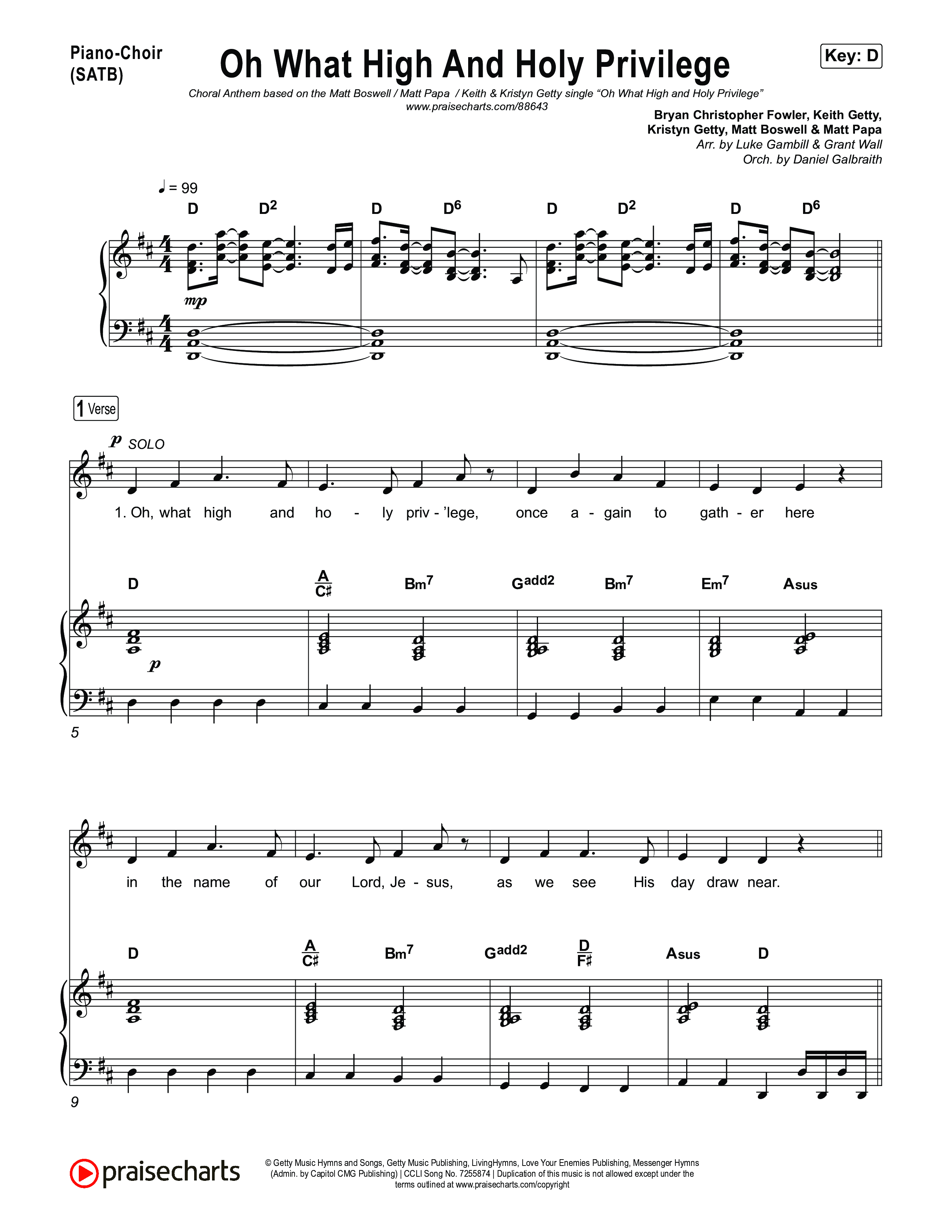 Oh What High And Holy Privilege (Choral Anthem SATB) Piano/Vocal (SATB) (Keith & Kristyn Getty / Matt Boswell / Matt Papa)