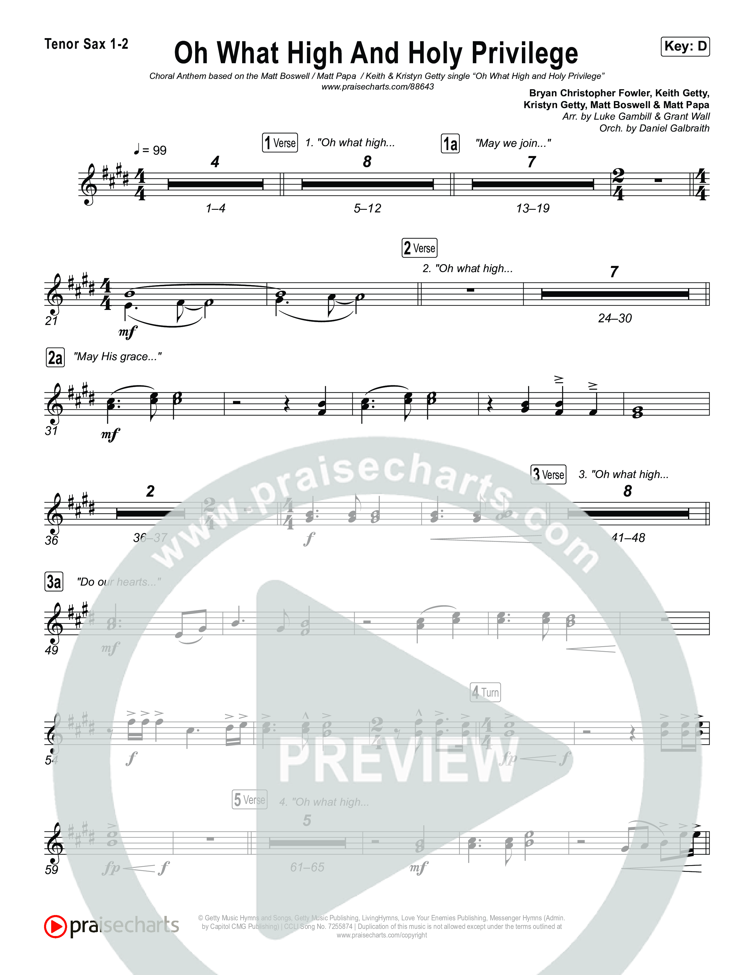 Oh What High And Holy Privilege (Choral Anthem SATB) Tenor Sax 1,2 (Keith & Kristyn Getty / Matt Boswell / Matt Papa)