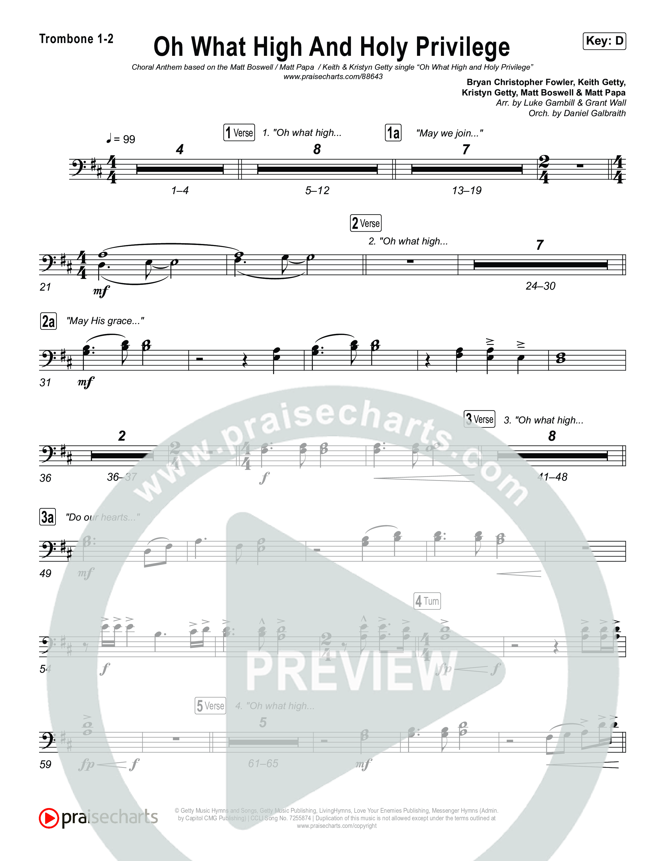 Oh What High And Holy Privilege (Choral Anthem SATB) Trombone 1,2 (Keith & Kristyn Getty / Matt Boswell / Matt Papa)