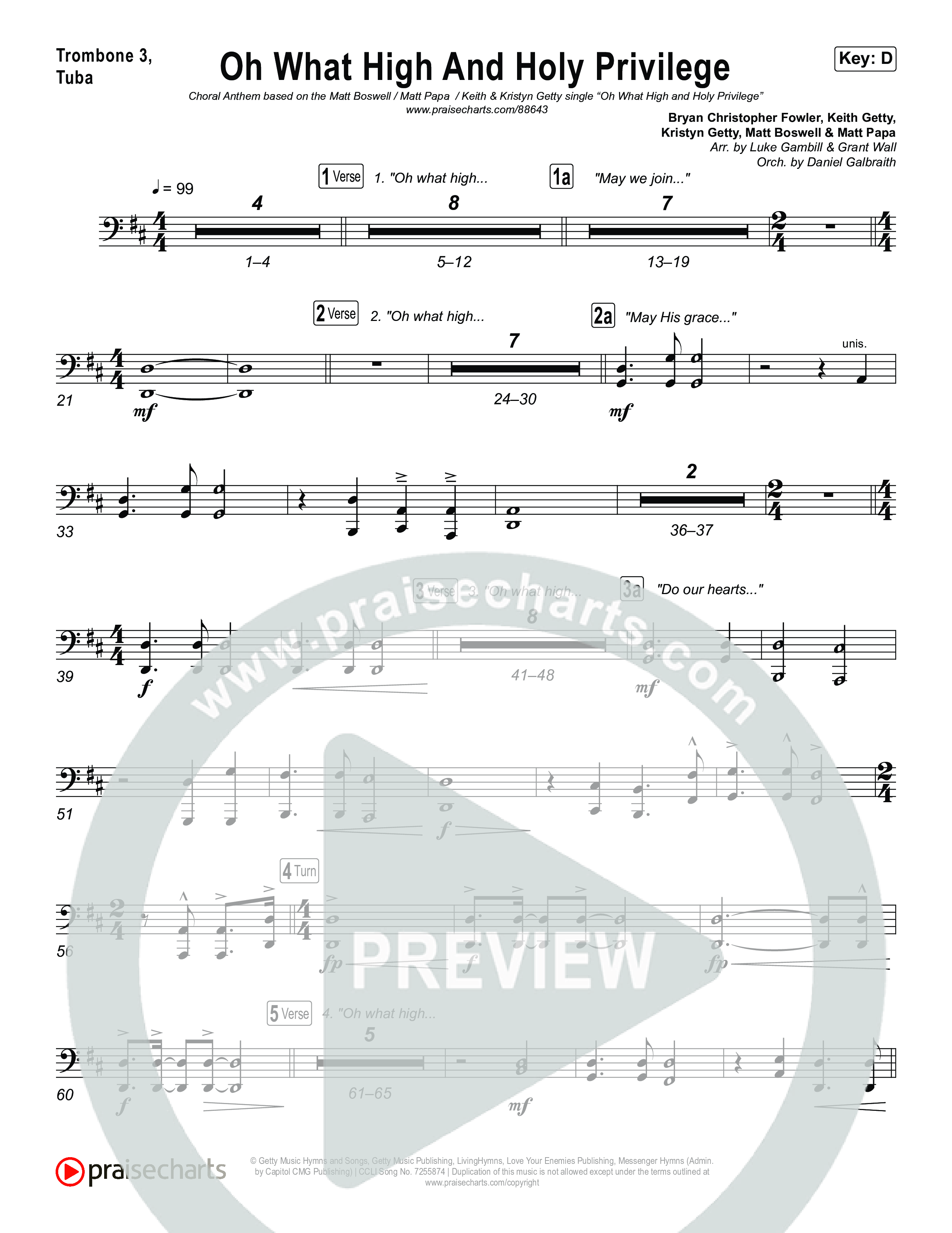 Oh What High And Holy Privilege (Choral Anthem SATB) Trombone 1,2 (Keith & Kristyn Getty / Matt Boswell / Matt Papa)