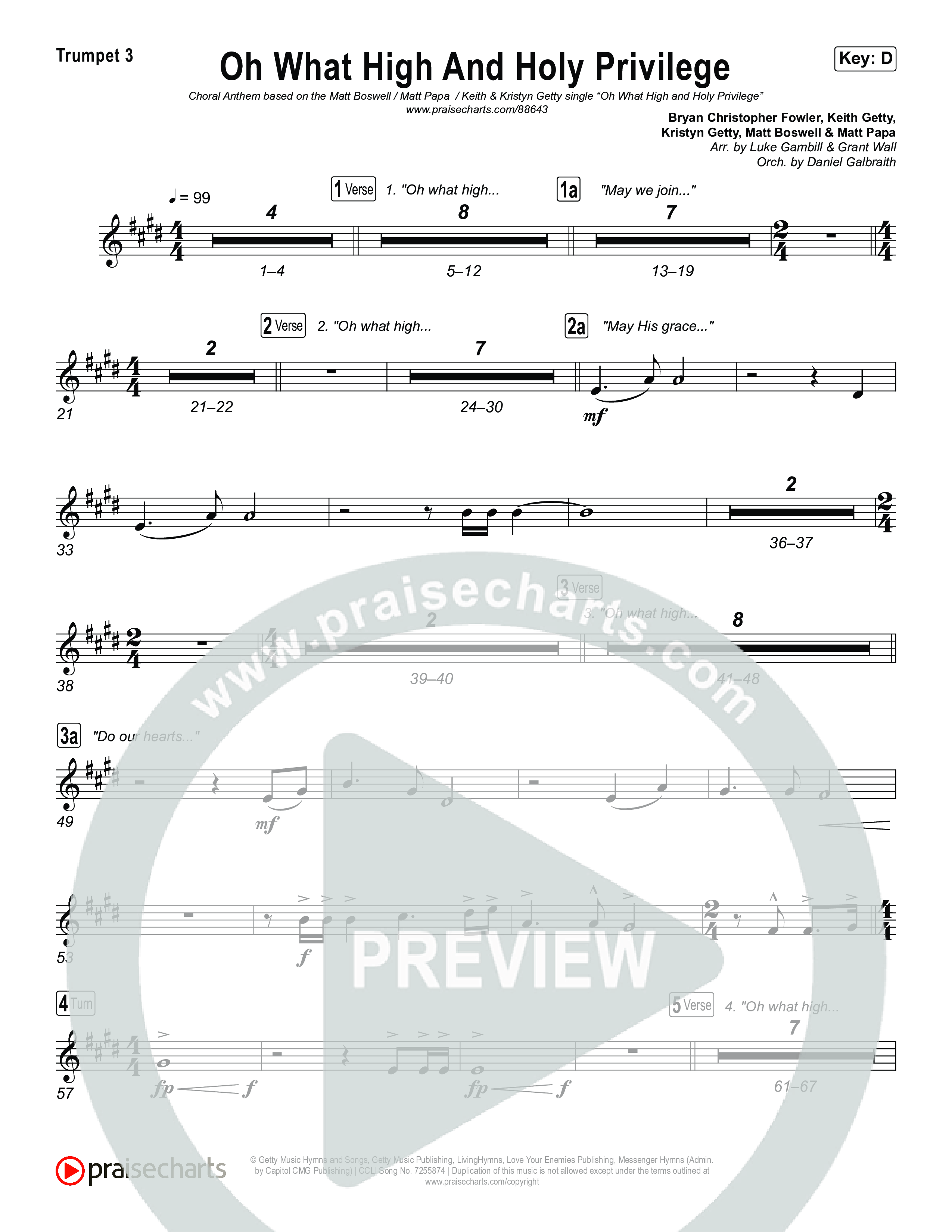 Oh What High And Holy Privilege (Choral Anthem SATB) Trumpet 3 (Keith & Kristyn Getty / Matt Boswell / Matt Papa)