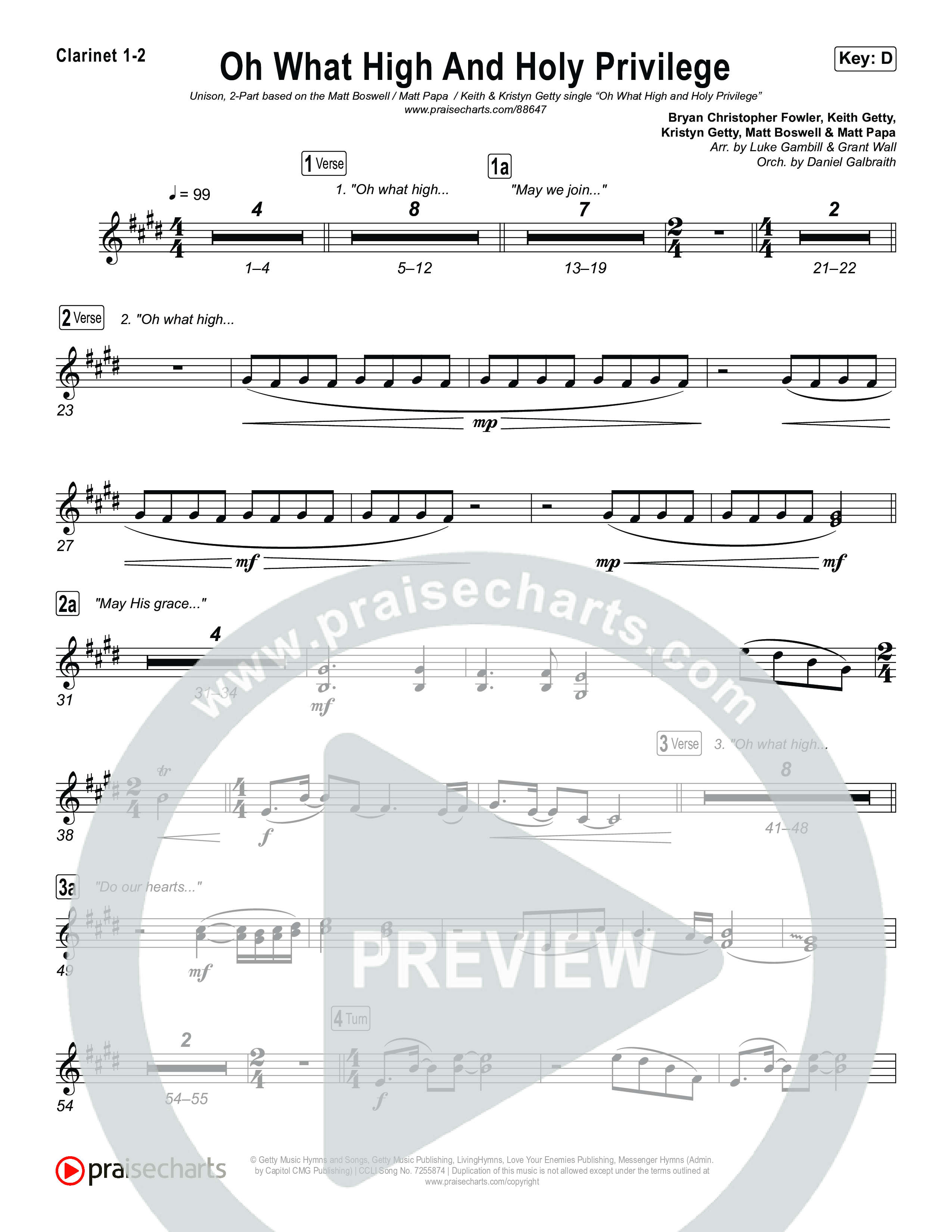 Oh What High And Holy Privilege (Unison/2-Part) Clarinet 1/2 (Keith & Kristyn Getty / Matt Boswell / Matt Papa)