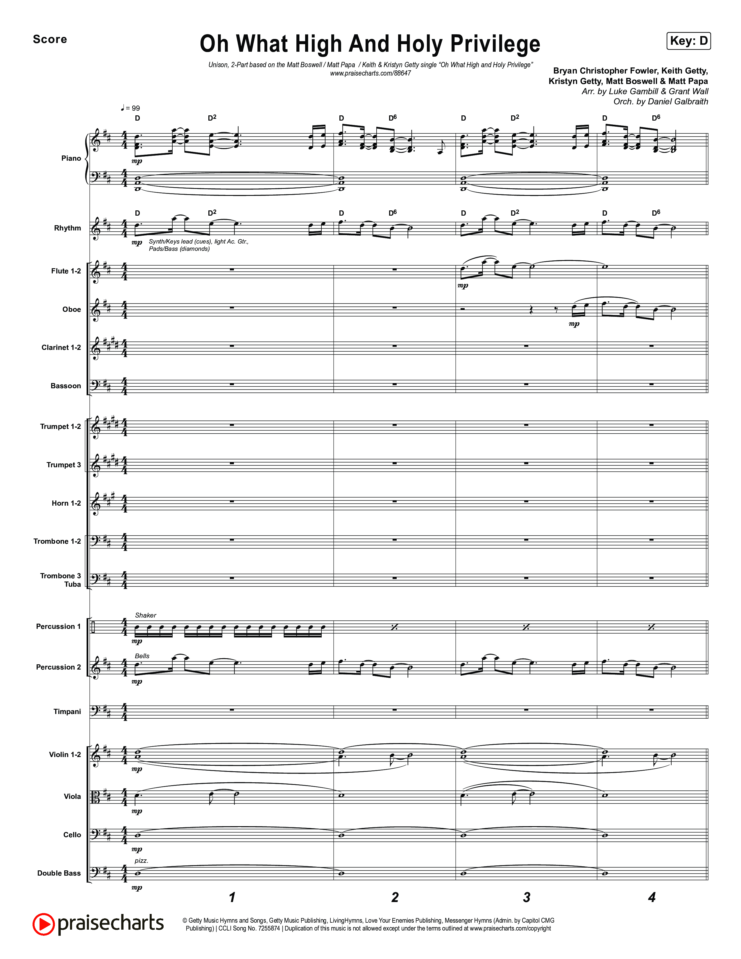 Oh What High And Holy Privilege (Unison/2-Part) Orchestration (Keith & Kristyn Getty / Matt Boswell / Matt Papa)