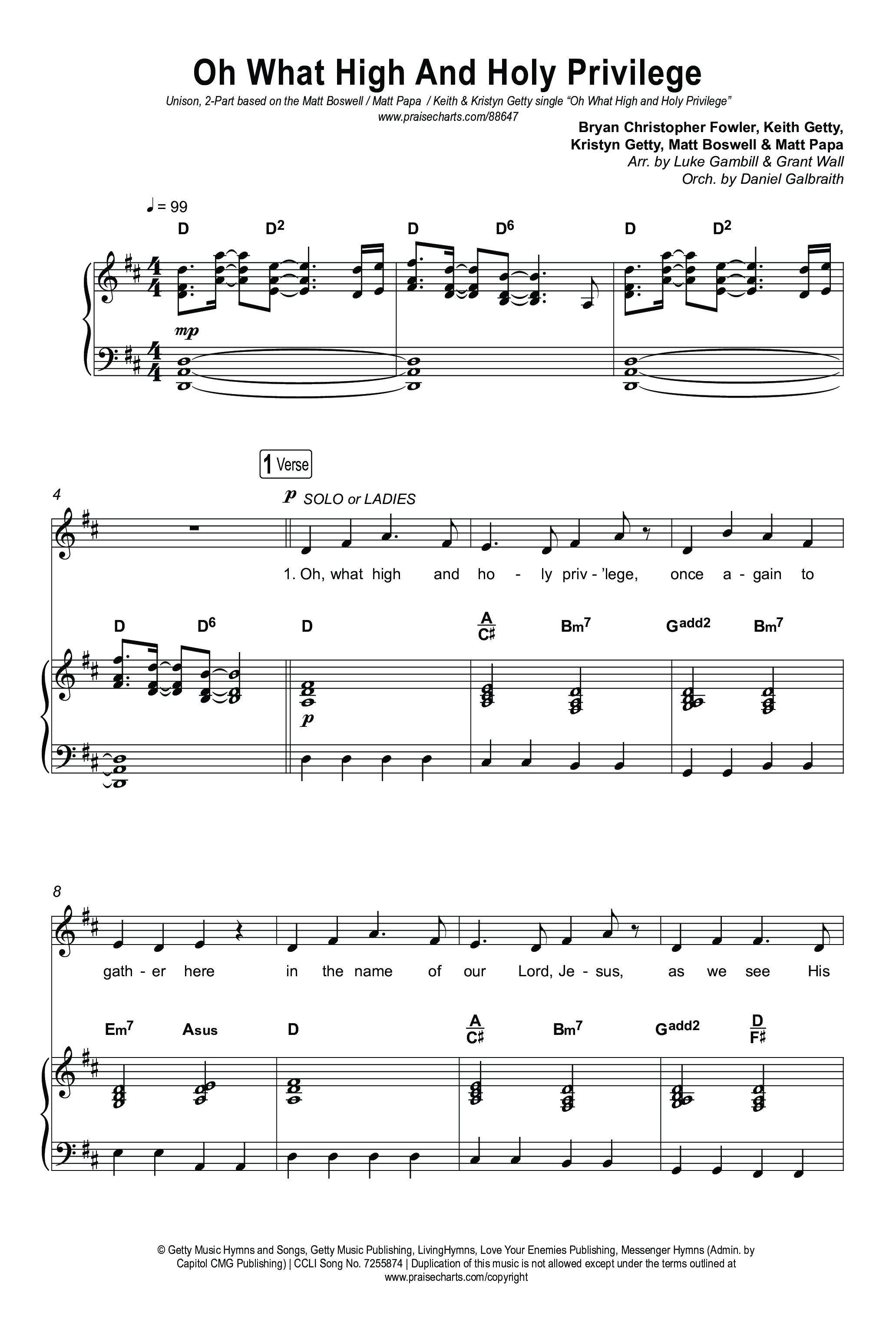 Oh What High And Holy Privilege (Unison/2-Part) Octavo (Uni/2-Part & Pno) (Keith & Kristyn Getty / Matt Boswell / Matt Papa)