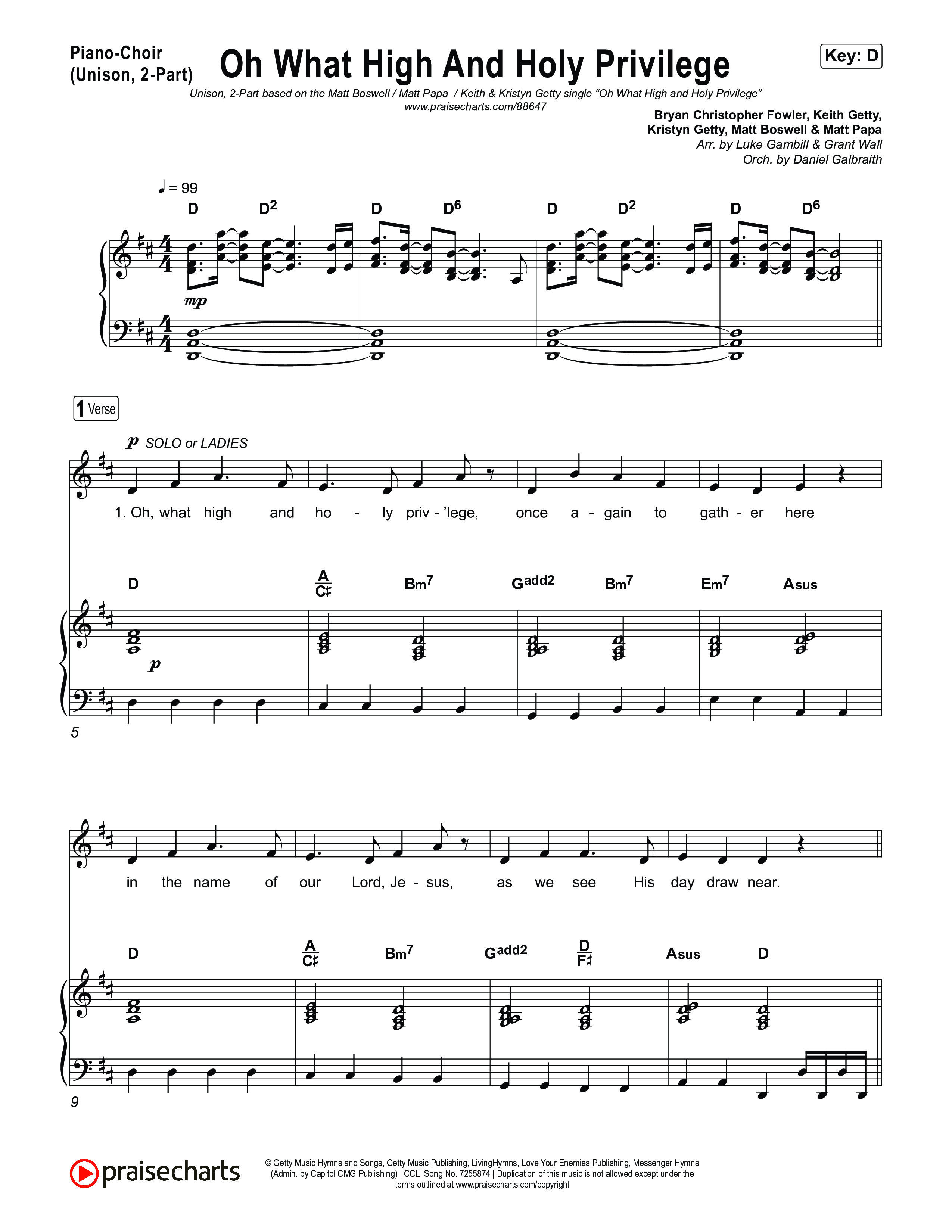 Oh What High And Holy Privilege (Unison/2-Part) Piano/Choir  (Uni/2-Part) (Keith & Kristyn Getty / Matt Boswell / Matt Papa)