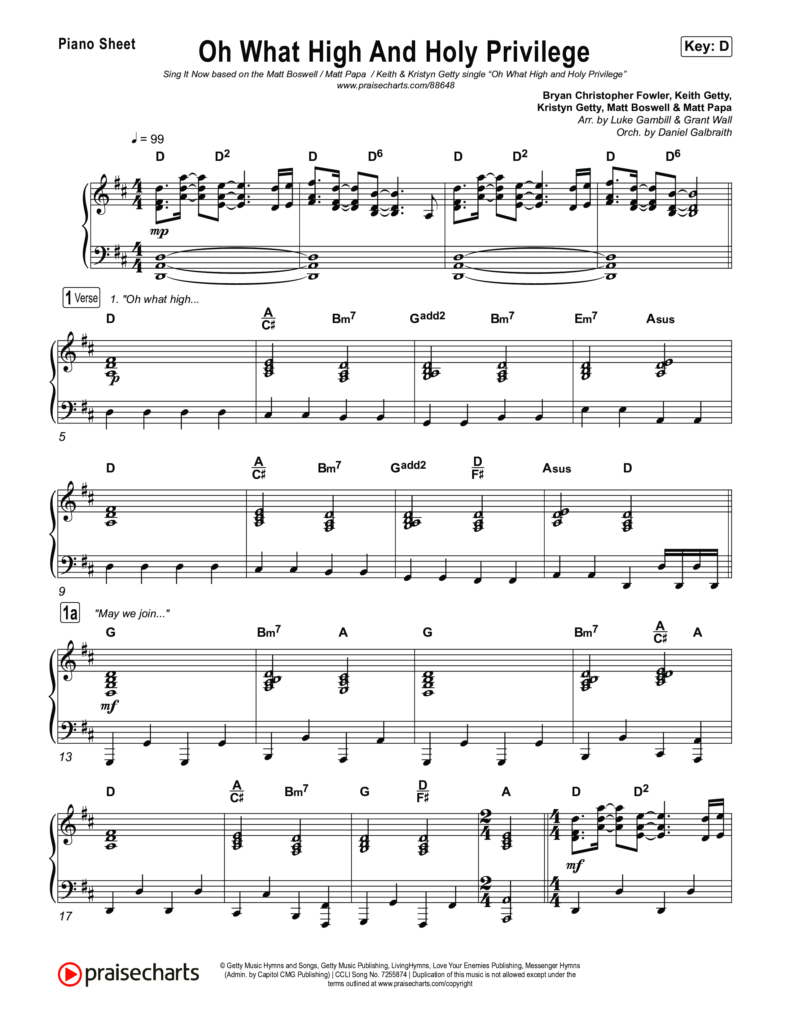 Oh What High And Holy Privilege (Sing It Now) Piano Sheet (Keith & Kristyn Getty / Matt Boswell / Matt Papa)