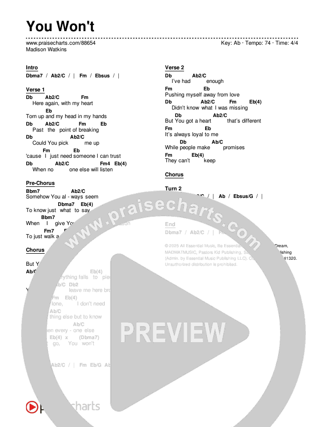 You Won't Chords & Lyrics (Madison Watkins)