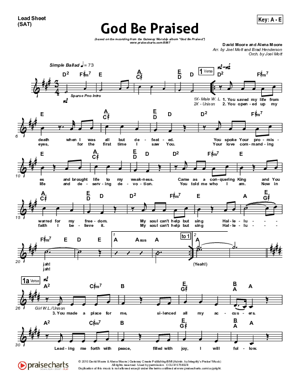 God Be Praised Lead Sheet (SAT) (Gateway Worship)