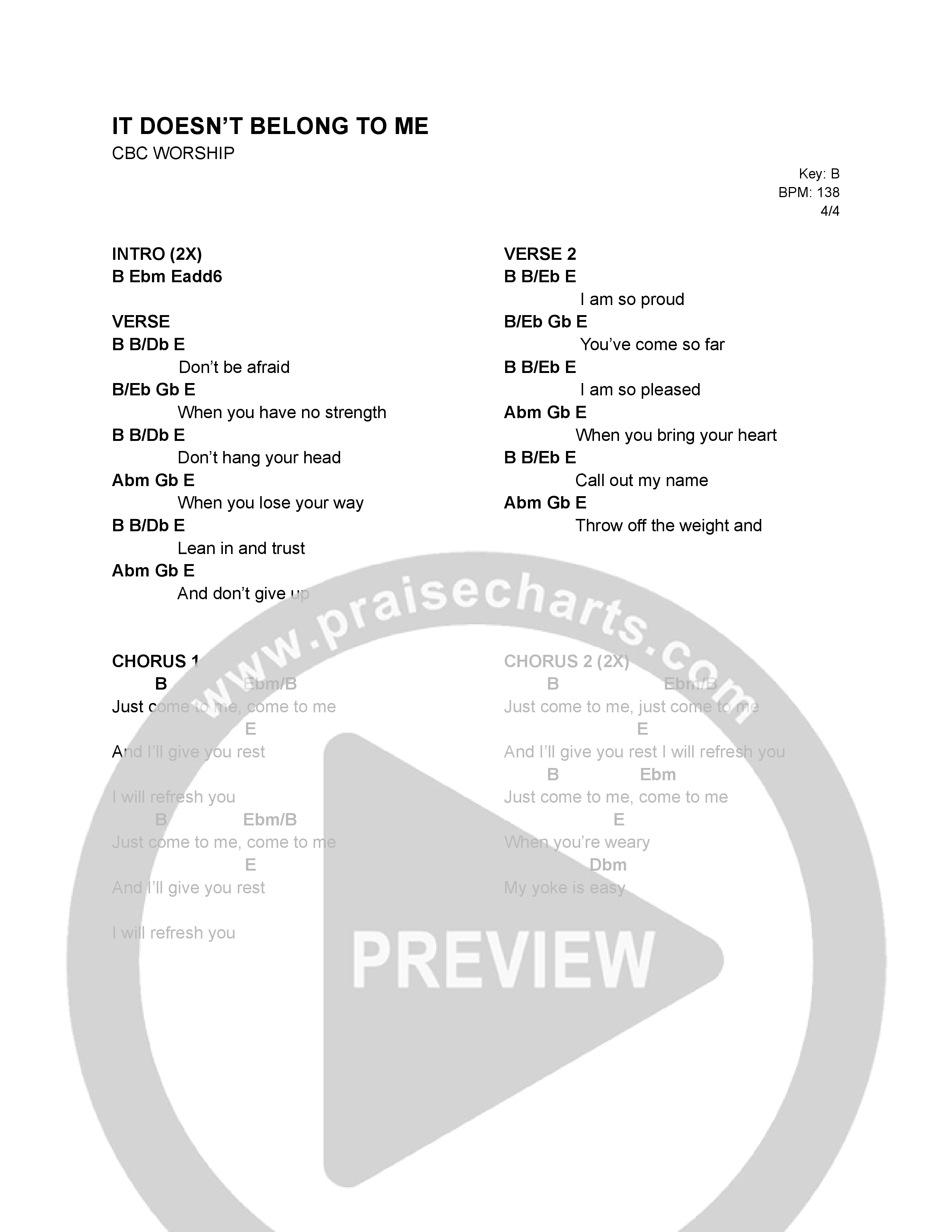 It Doesn't Belong To Me Chord Chart (CBC Worship)