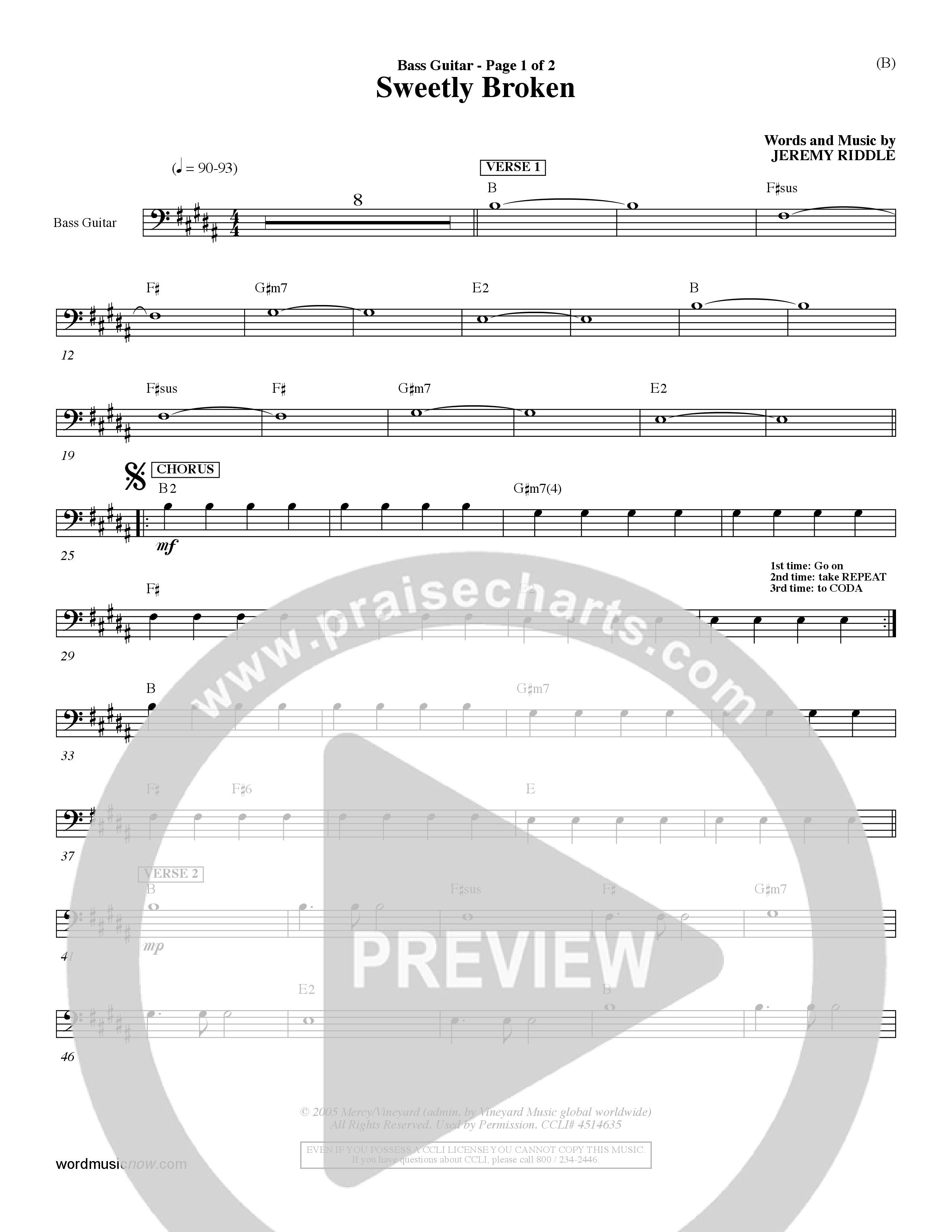 Sweetly Broken (Choral Anthem SATB) Bass Guitar (Word Music Choral / Arr. Jeremy Riddle)
