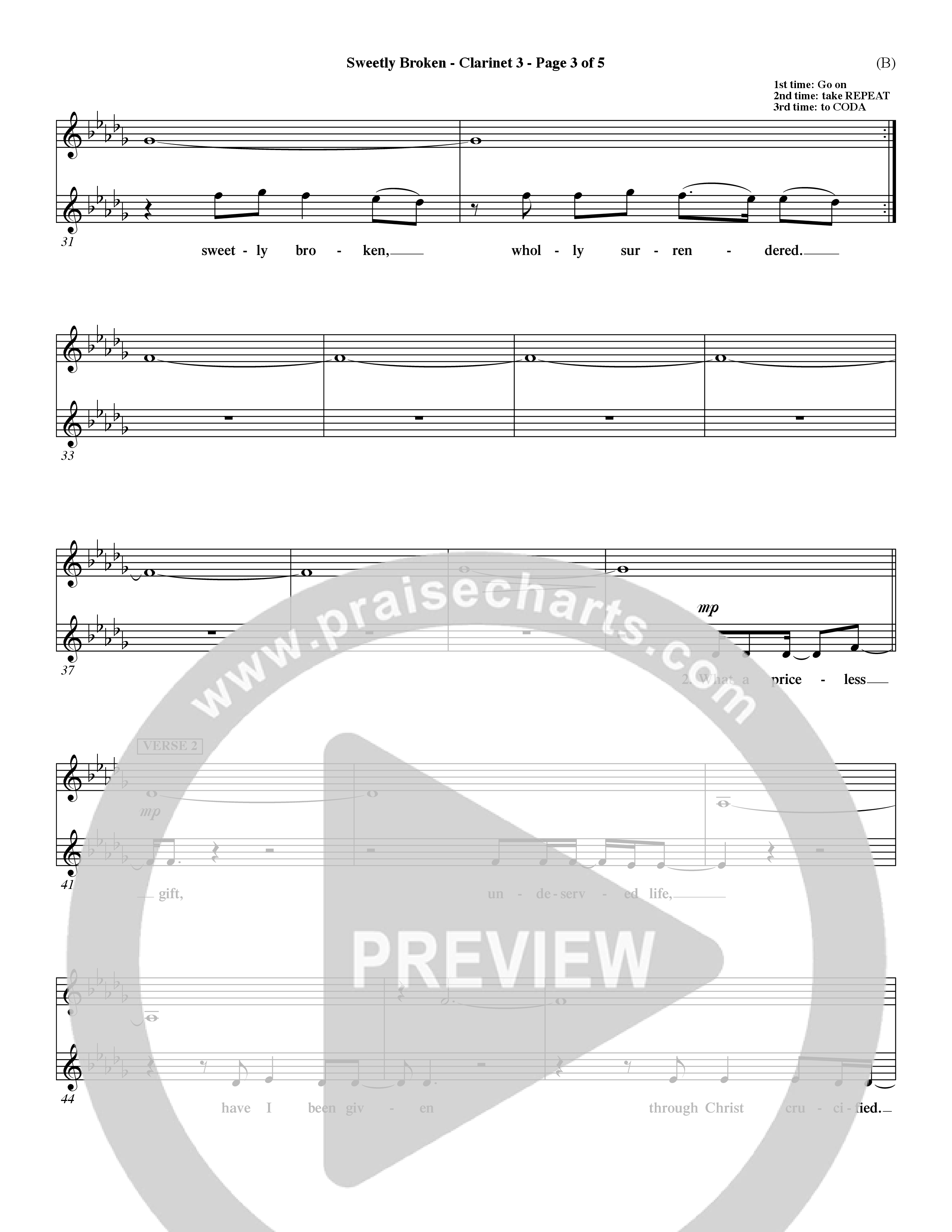 Sweetly Broken (Choral Anthem SATB) Clarinet 3 (Word Music Choral / Arr. Jeremy Riddle)