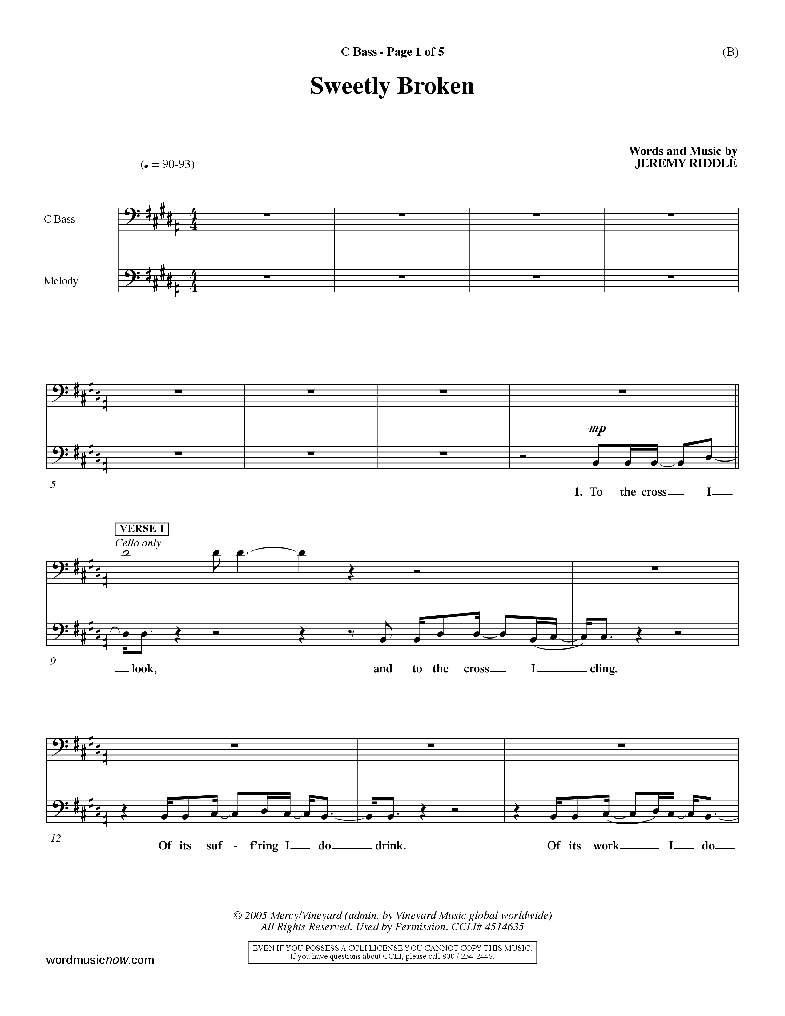 Sweetly Broken (Choral Anthem SATB) Contrabass (Word Music Choral / Arr. Jeremy Riddle)