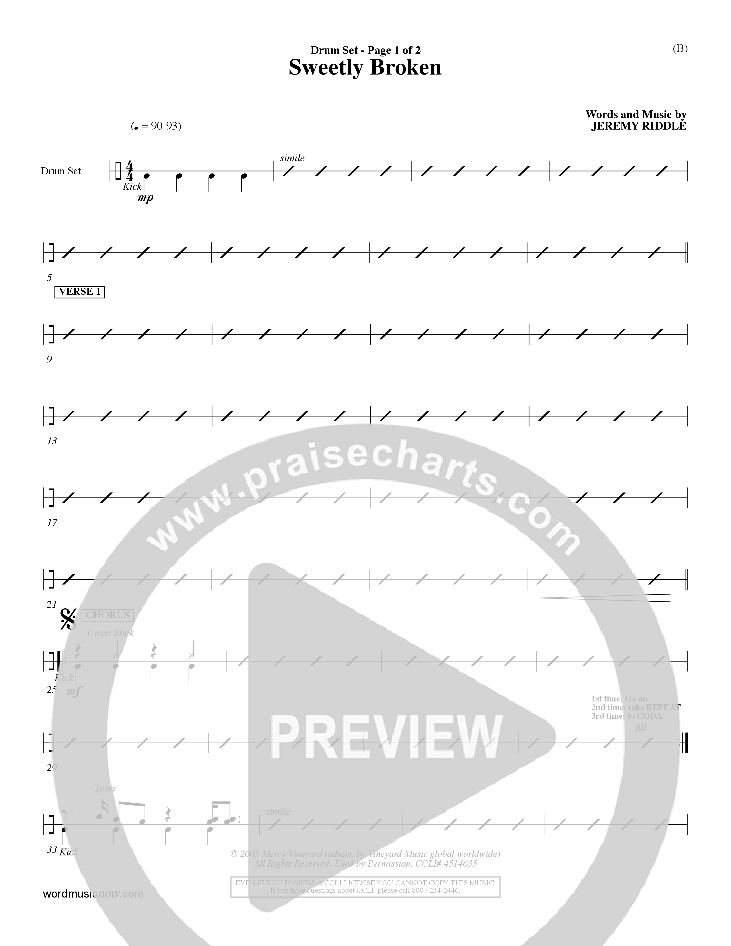 Sweetly Broken (Choral Anthem SATB) Drum Set (Word Music Choral / Arr. Jeremy Riddle)