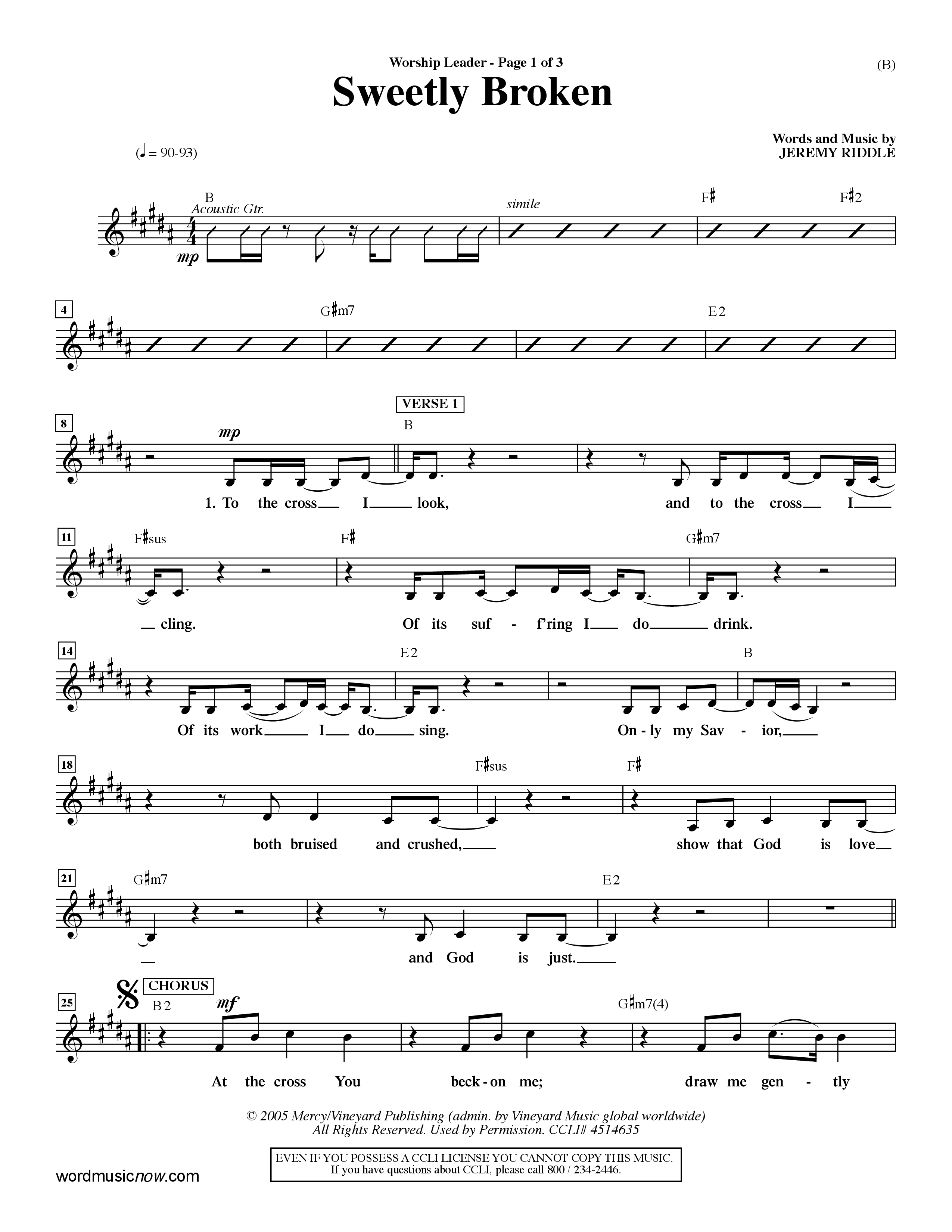 Sweetly Broken (Choral Anthem SATB) Lead Sheet (Mel) (Word Music Choral / Arr. Jeremy Riddle)