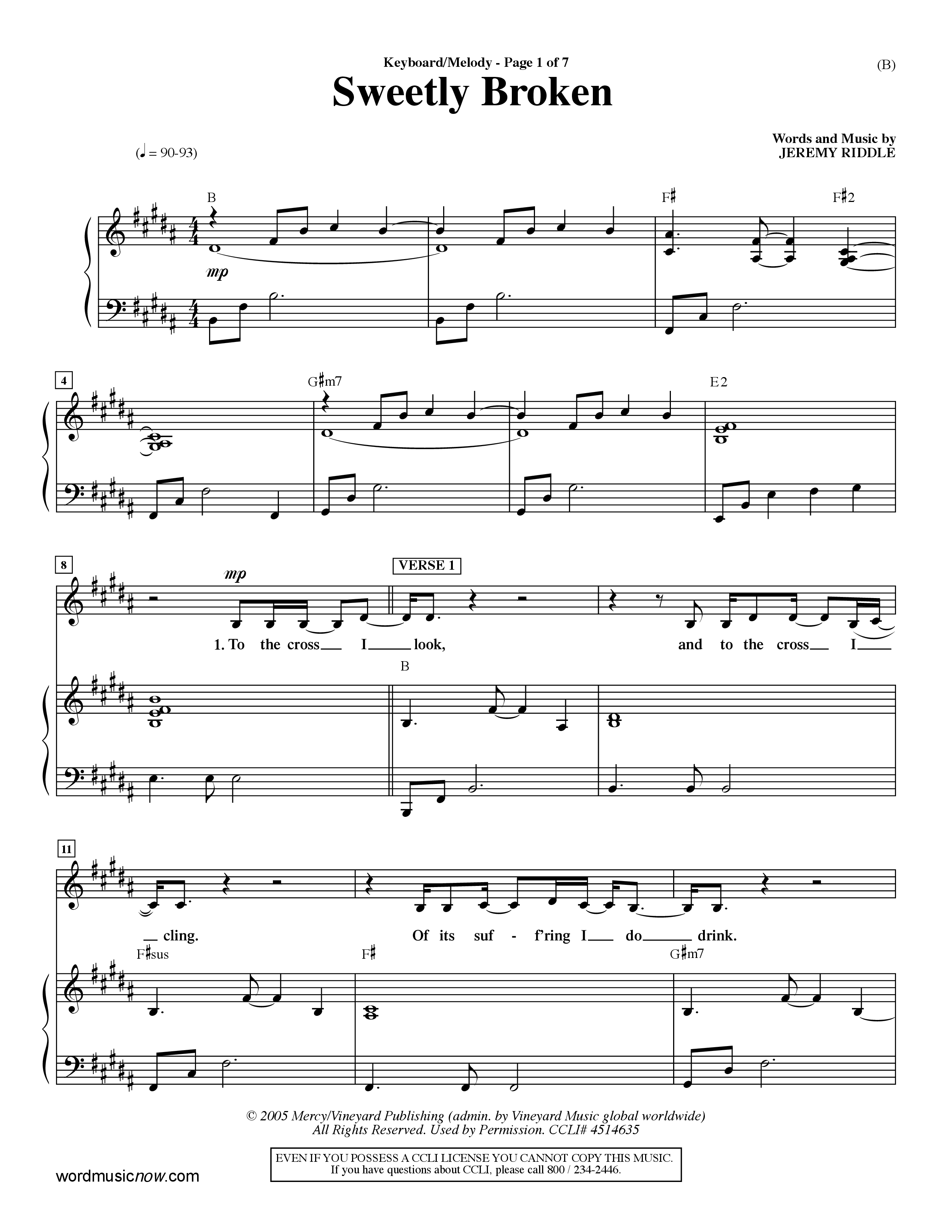Sweetly Broken (Choral Anthem SATB) Piano/Vocal (Melody) (Word Music Choral / Arr. Jeremy Riddle)