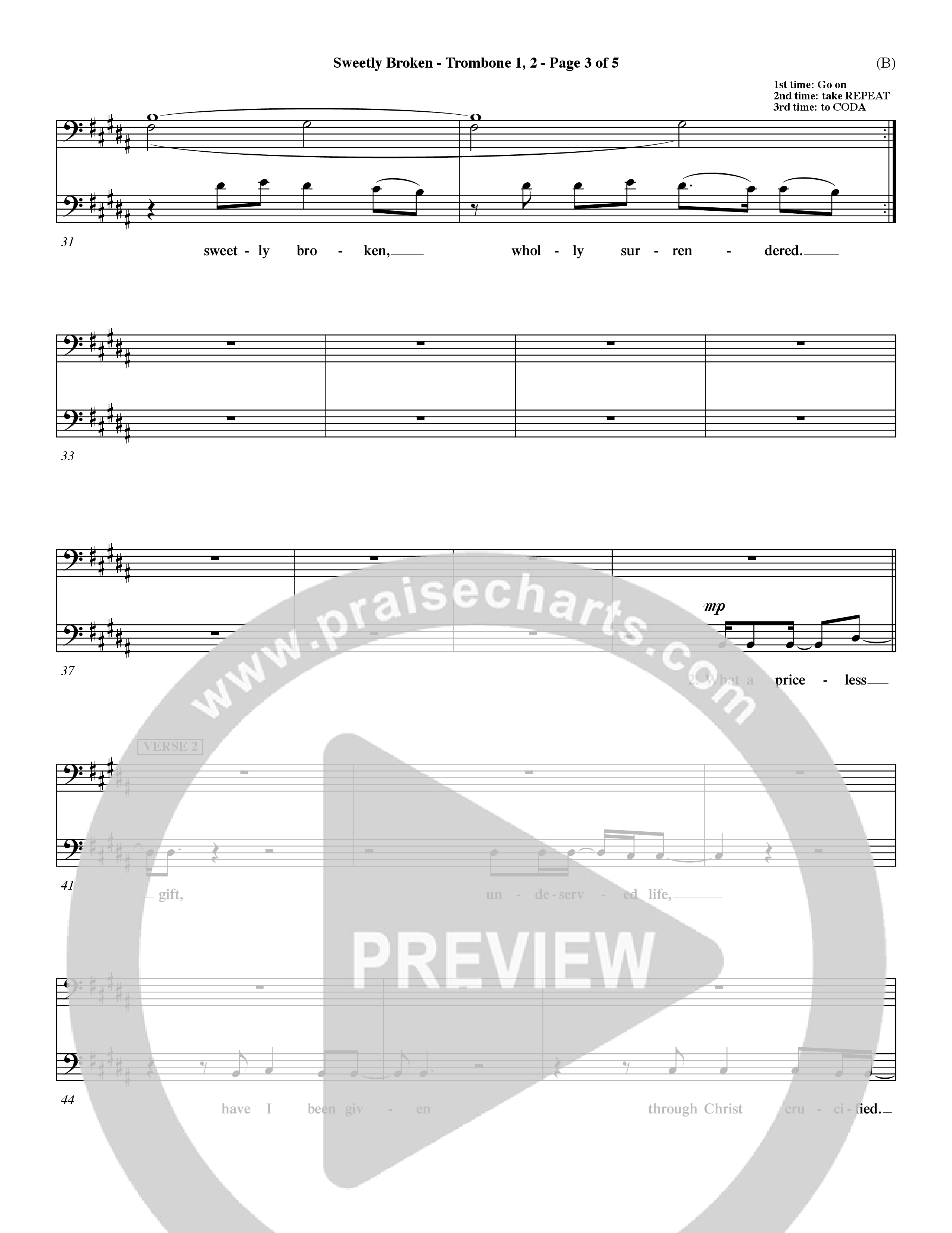 Sweetly Broken (Choral Anthem SATB) Trombone 1/2 (Word Music Choral / Arr. Jeremy Riddle)