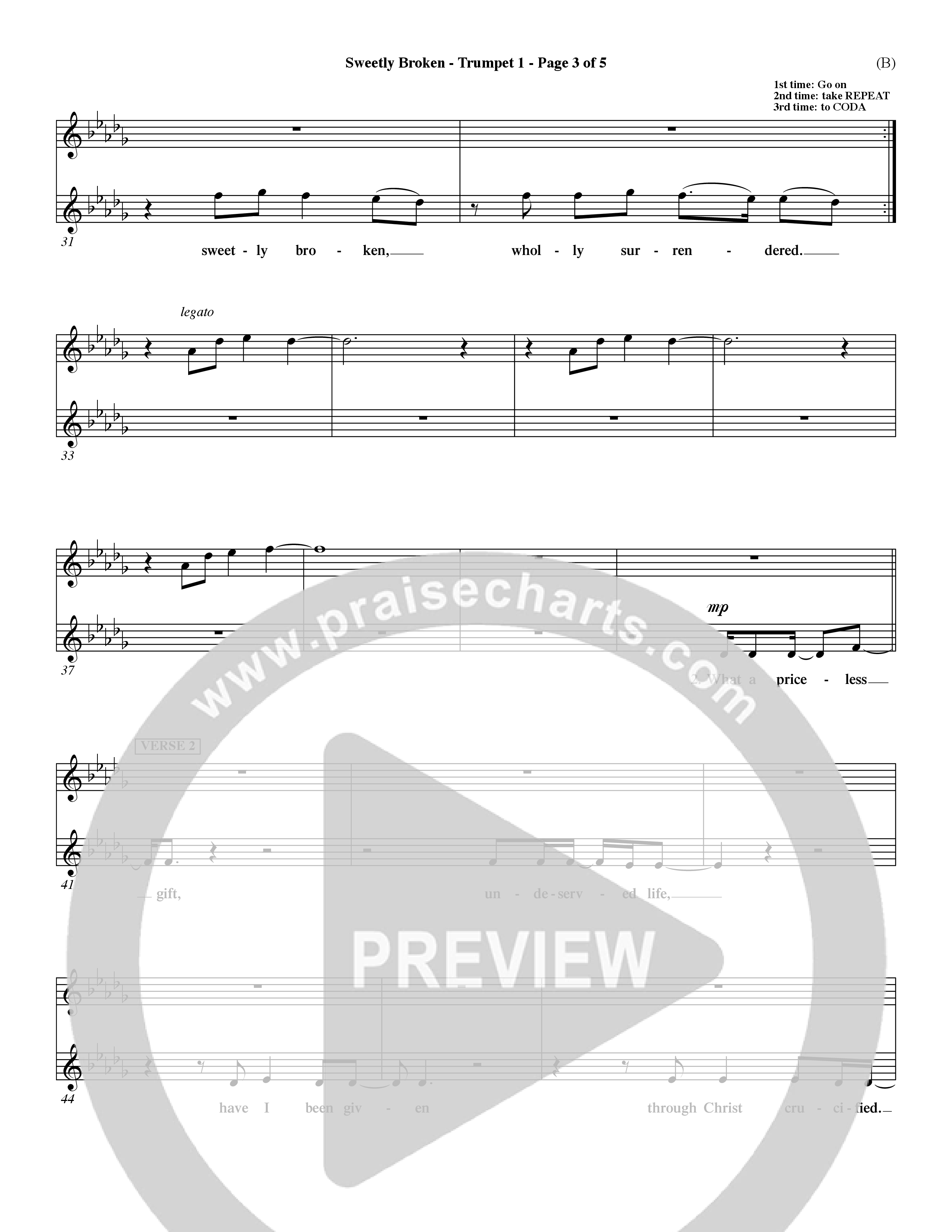 Sweetly Broken (Choral Anthem SATB) Trumpet 1 (Word Music Choral / Arr. Jeremy Riddle)