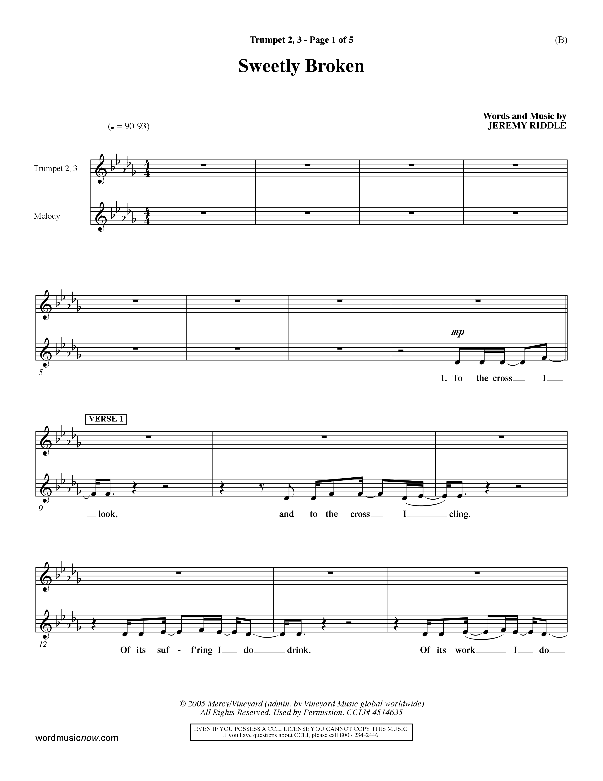 Sweetly Broken (Choral Anthem SATB) Trumpet 2/3 (Word Music Choral / Arr. Jeremy Riddle)