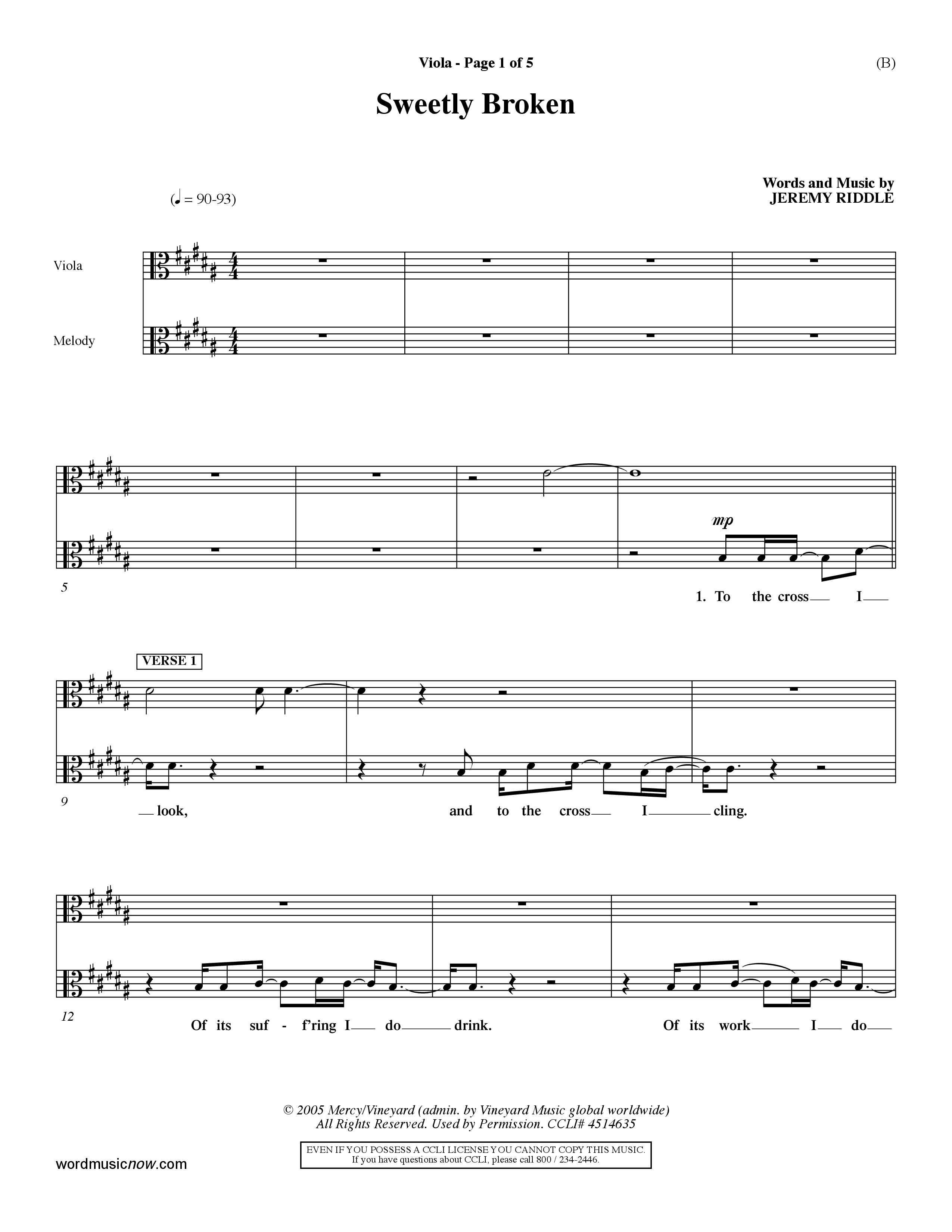 Sweetly Broken (Choral Anthem SATB) Viola (Word Music Choral / Arr. Jeremy Riddle)